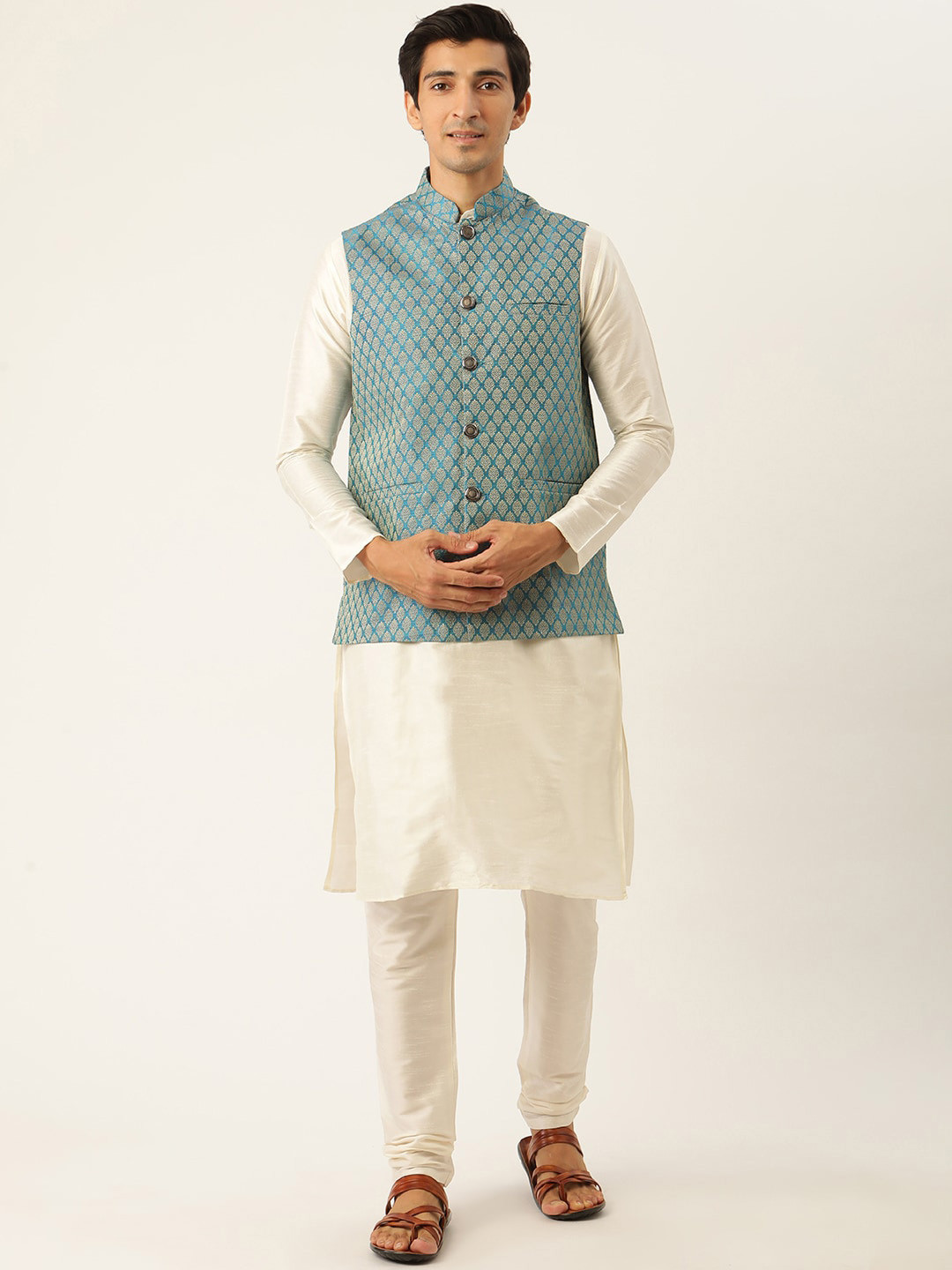 SOJANYA Mandatin Collar Straight Kurta with Churidar With Woven Design Nehru Jacket