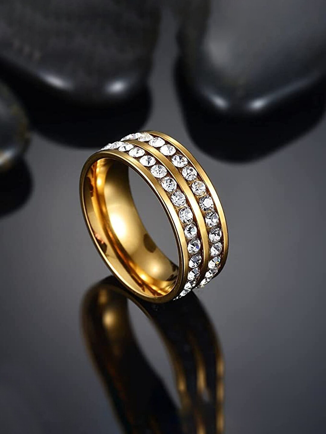 Unwind by Yellow Chimes Men Gold-Plated Dual Layer Crystal Studded Finger Ring