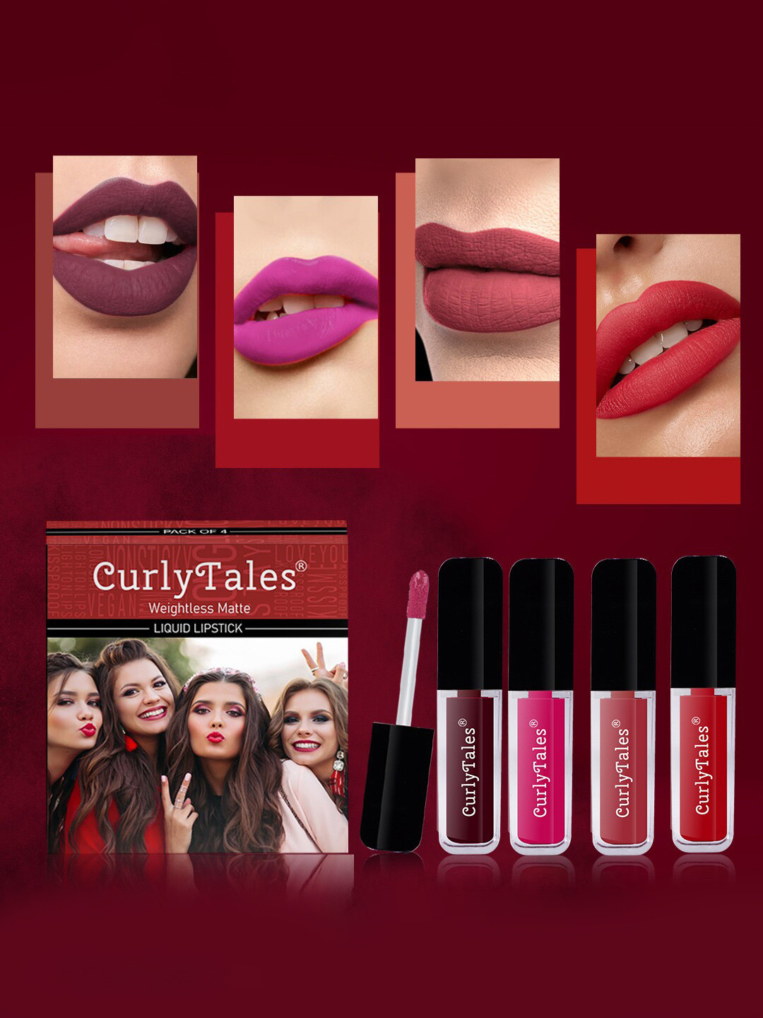 CurlyTales Set of 4 Weightless Matte Liquid Lipsticks 3 ml Each - Shade 13, 05, 06, 11