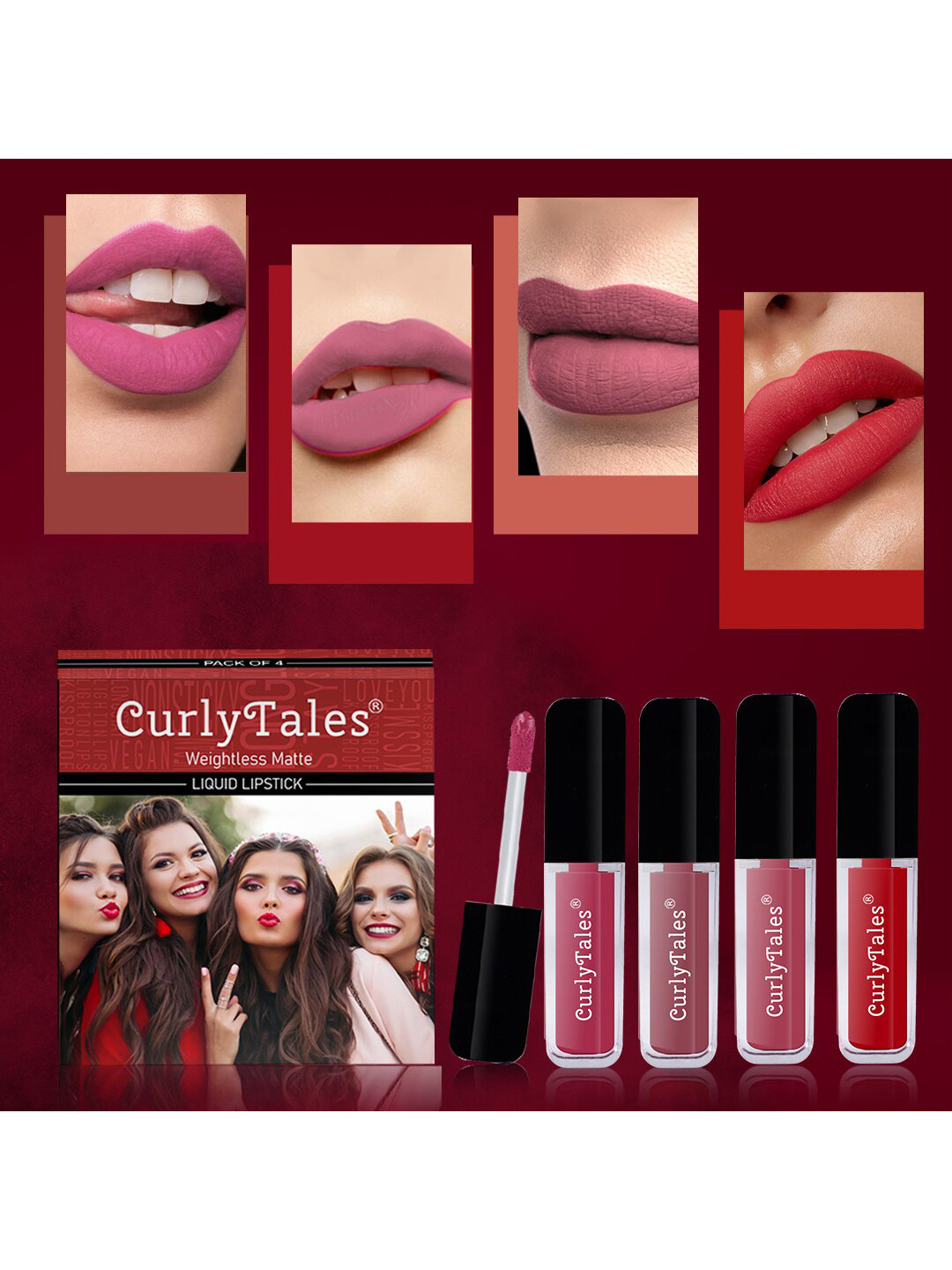 CurlyTales Set of 4 Weightless Matte Liquid Lipsticks 3ml Each - Shade 02 + 09 + 10 + 11