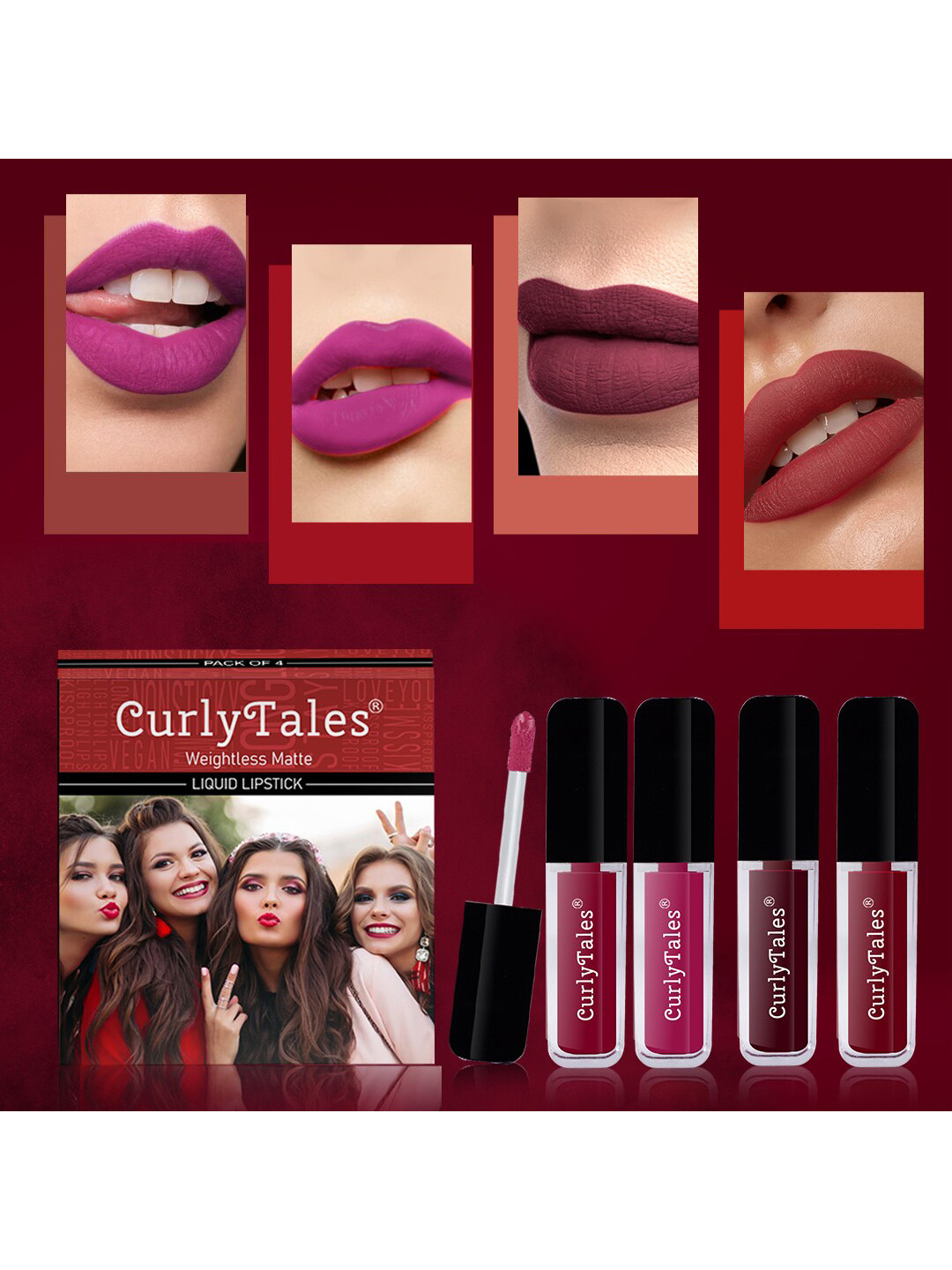 CurlyTales Set of 4 Weightless Matte Liquid Lipsticks 3ml Each - Shade 07 + 12 + 13 + 14
