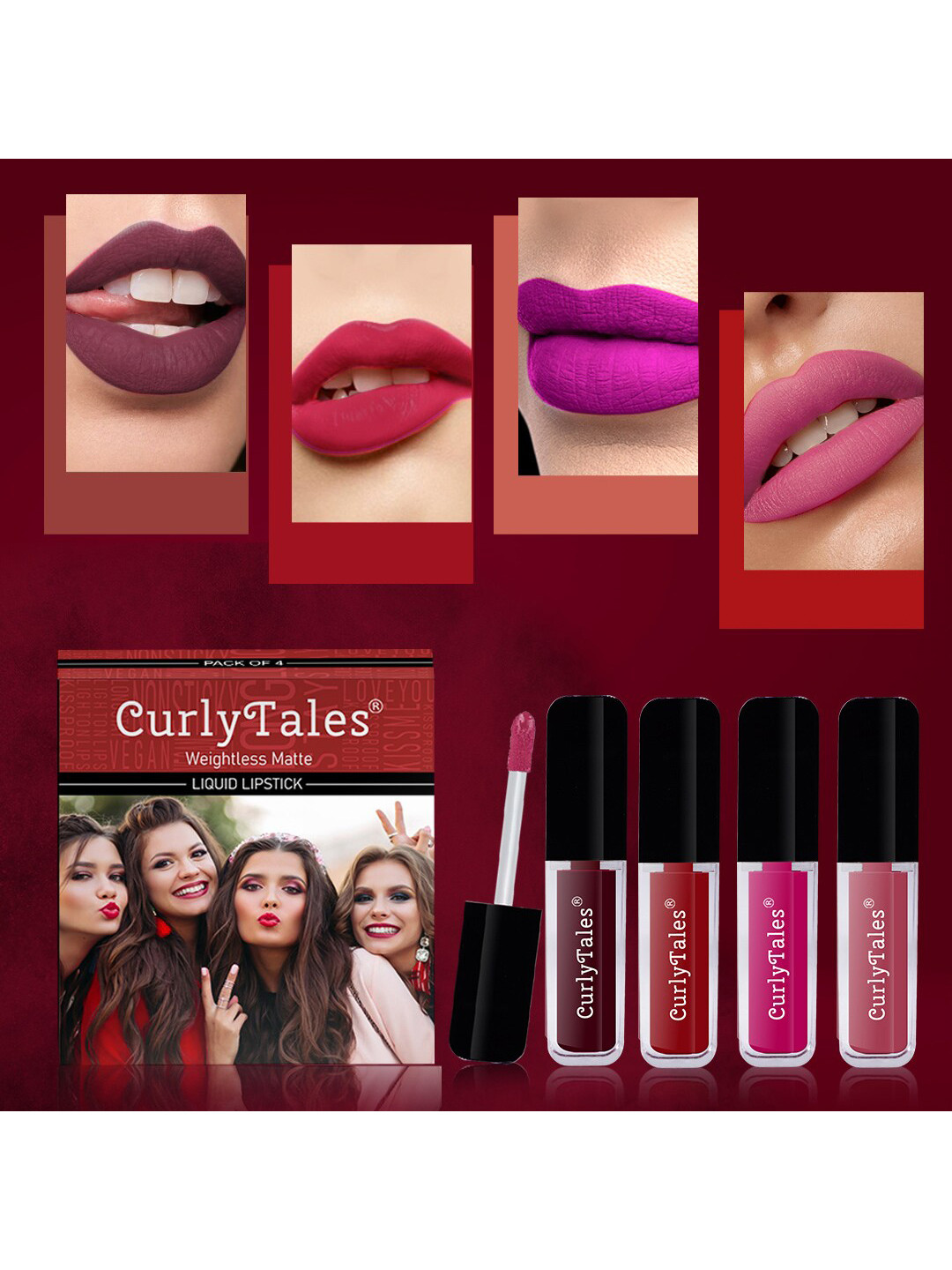 CurlyTales Set of 4 Weightless Matte Liquid Lipsticks 3 ml Each - Shade 13, 03, 04, 10