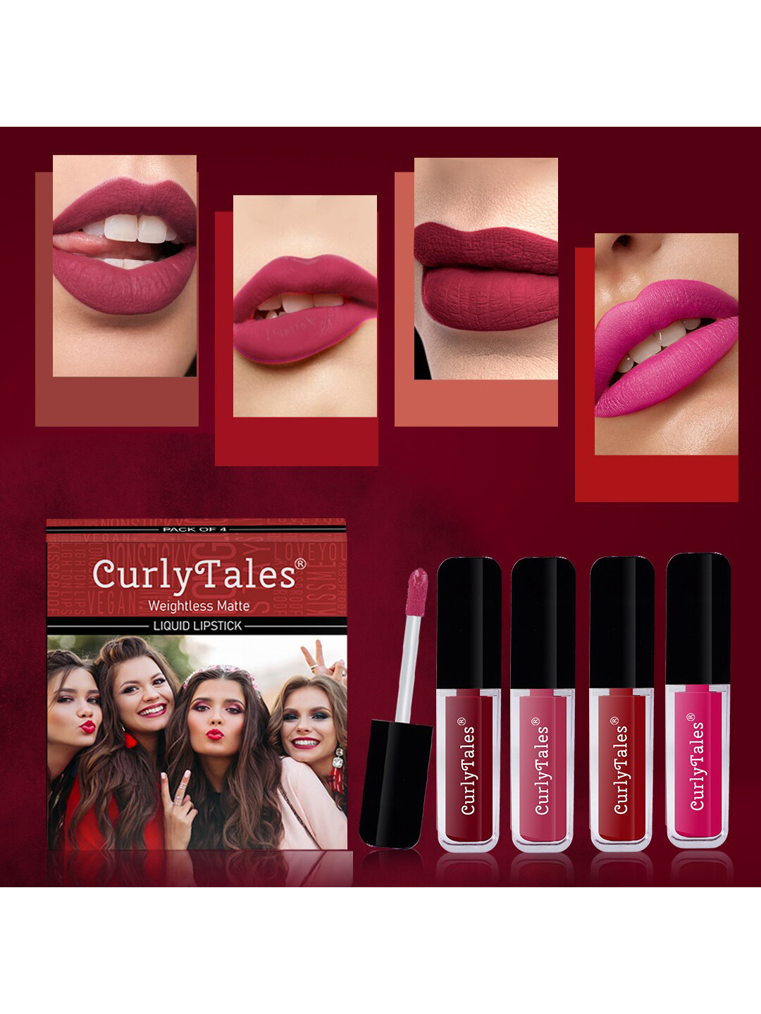 CurlyTales Set of 4 Weightless Matte Liquid Lipsticks 3ml Each - Shade 14 + 02 + 03 + 05