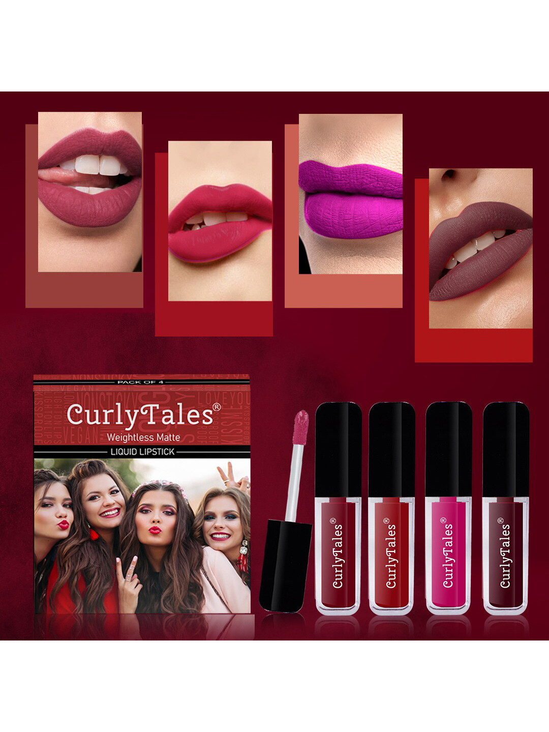 CurlyTales Set of 4 Weightless Matte Liquid Lipsticks 3ml Each - Shade 14 + 03 + 04 + 13