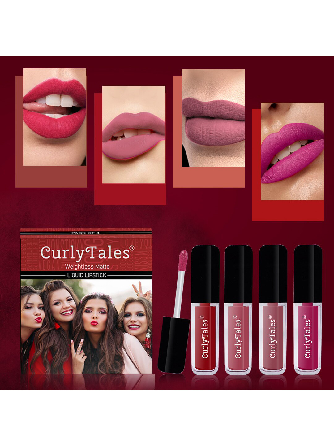 CurlyTales Set of 4 Weightless Matte Liquid Lipsticks - 3ml ach