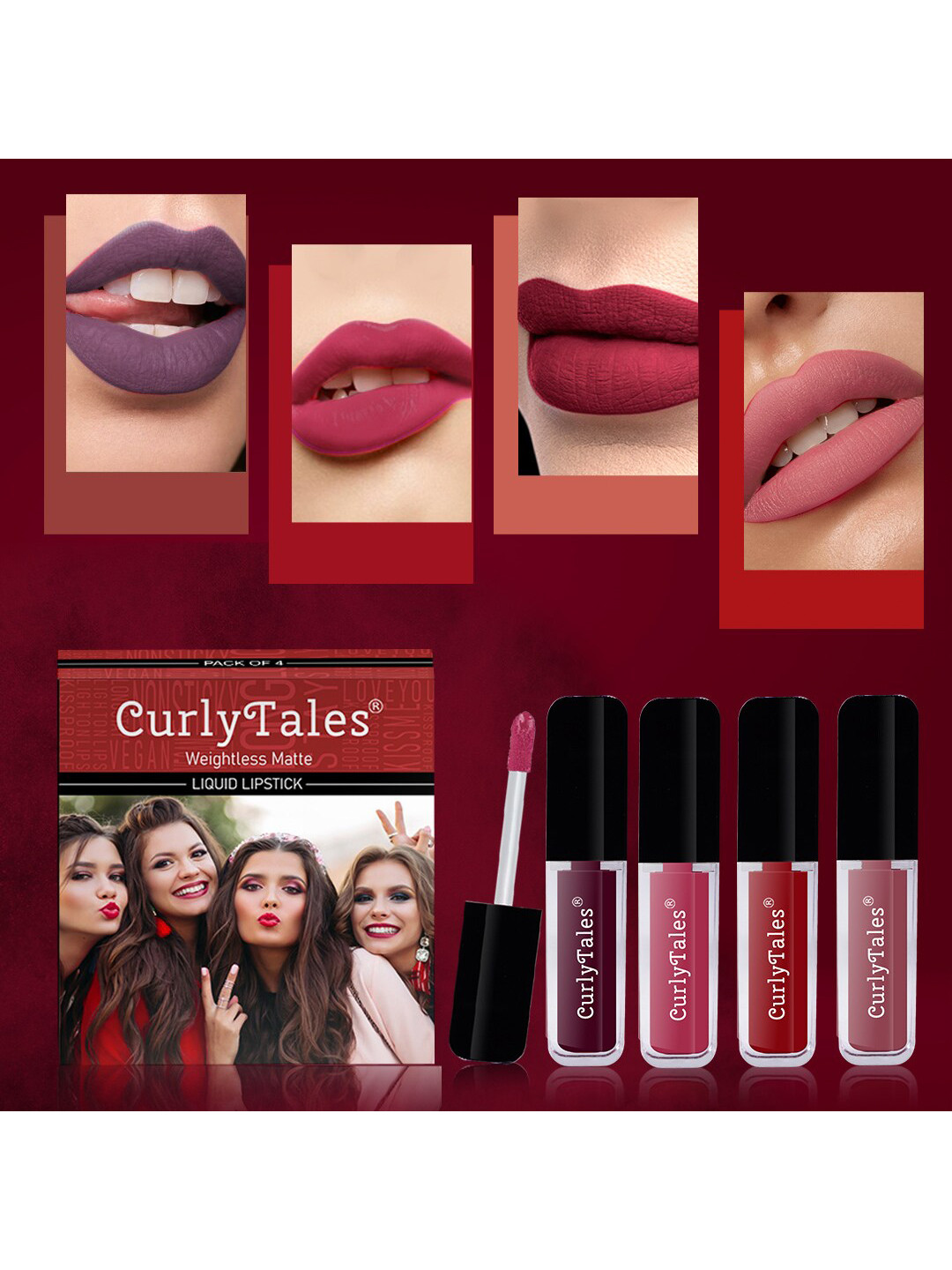 CurlyTales Set of 4 Weightless Matte Liquid Lipsticks 3 ml Each - Shade 15, 02, 03, 09