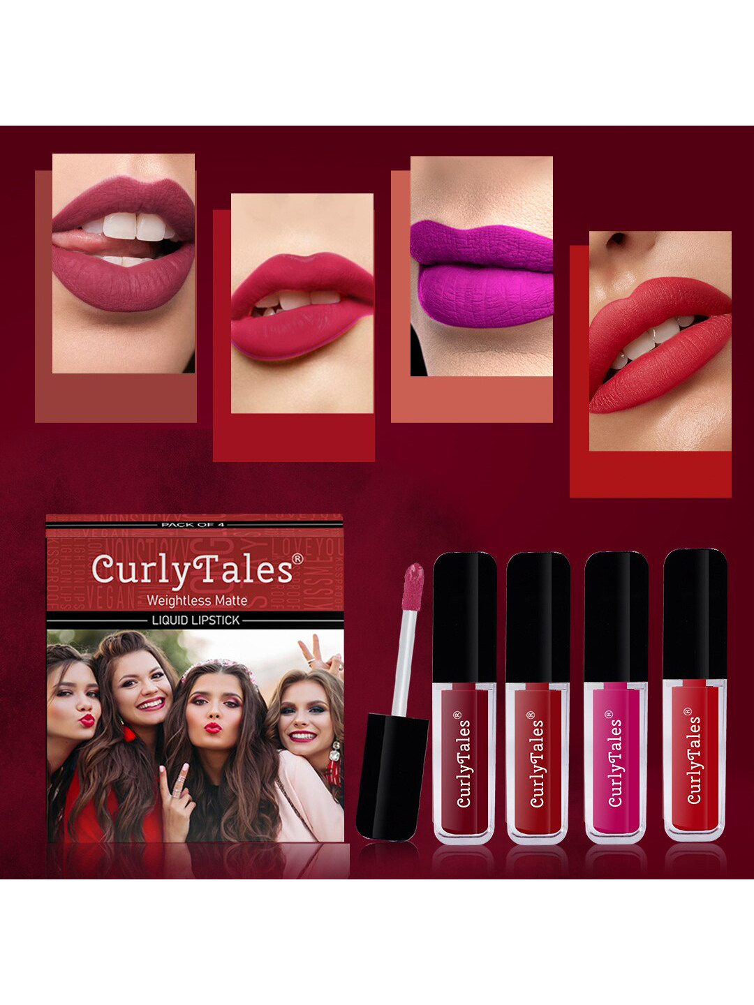 CurlyTales Set of 4 Weightless Matte Liquid Lipsticks 3ml Each - Shade 14 + 03 + 04 + 11