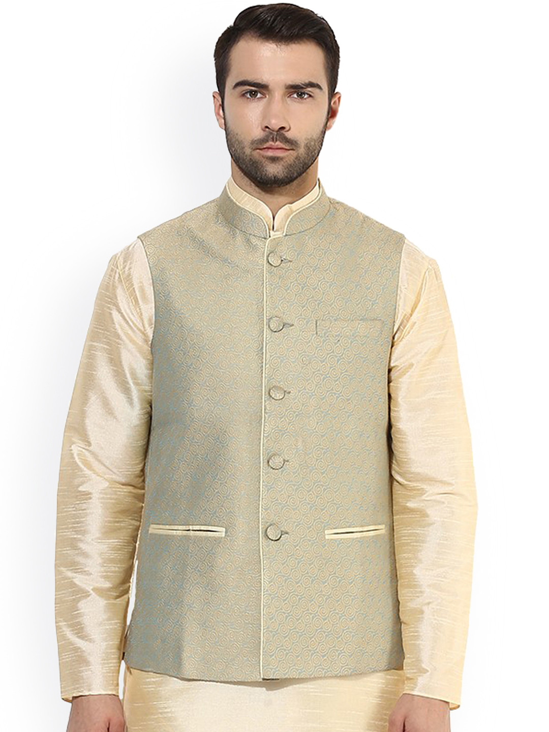 KISAH Men Green Patterned Nehru Jacket