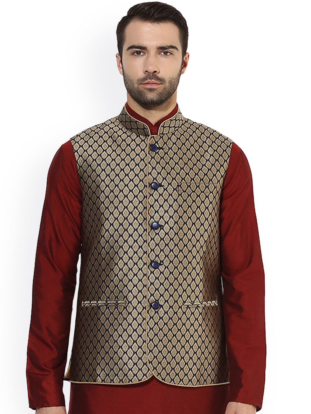 KISAH Men Beige & Navy Patterned Nehru Jacket