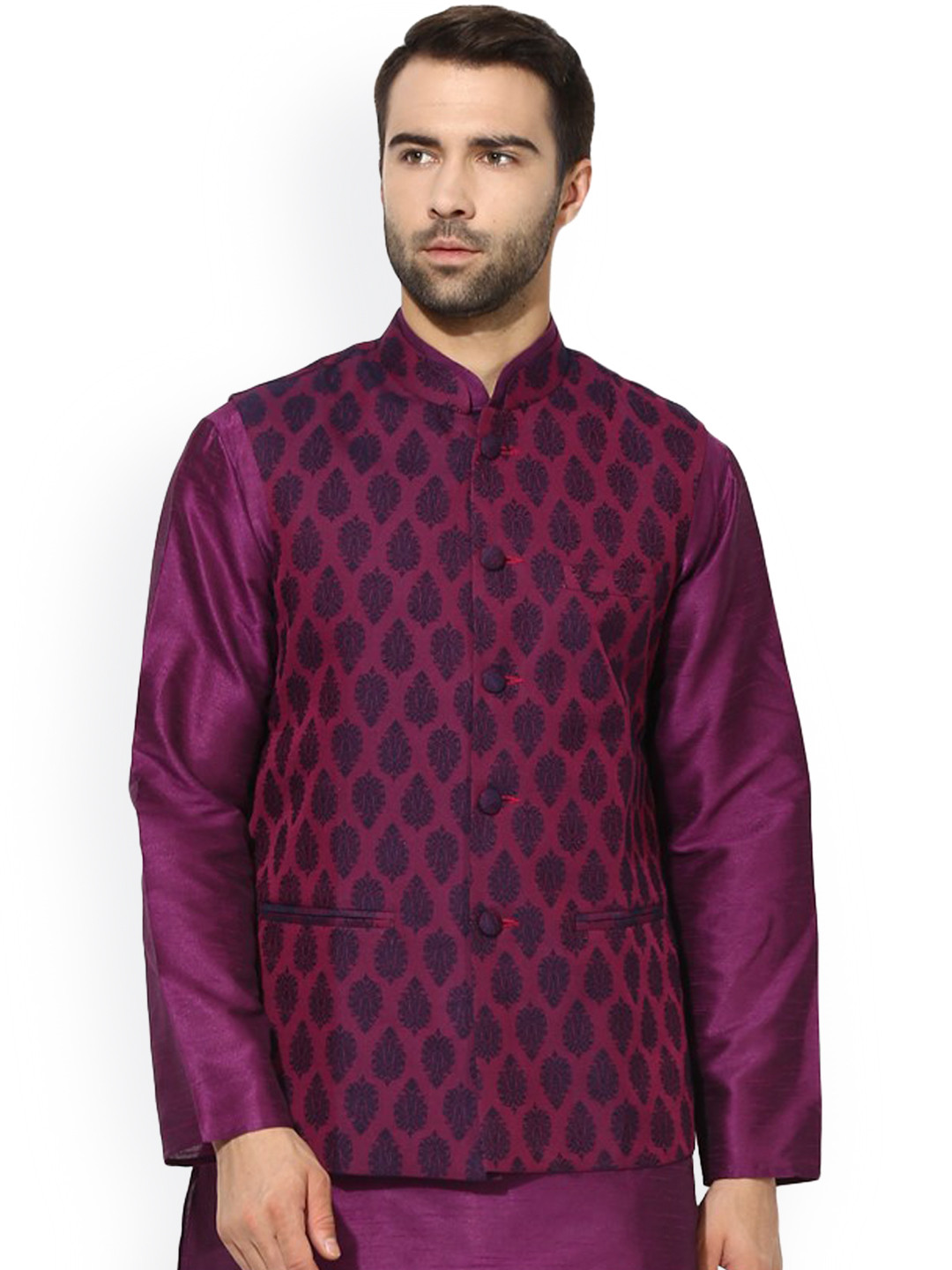 KISAH Men Purple Patterned Nehru Jacket