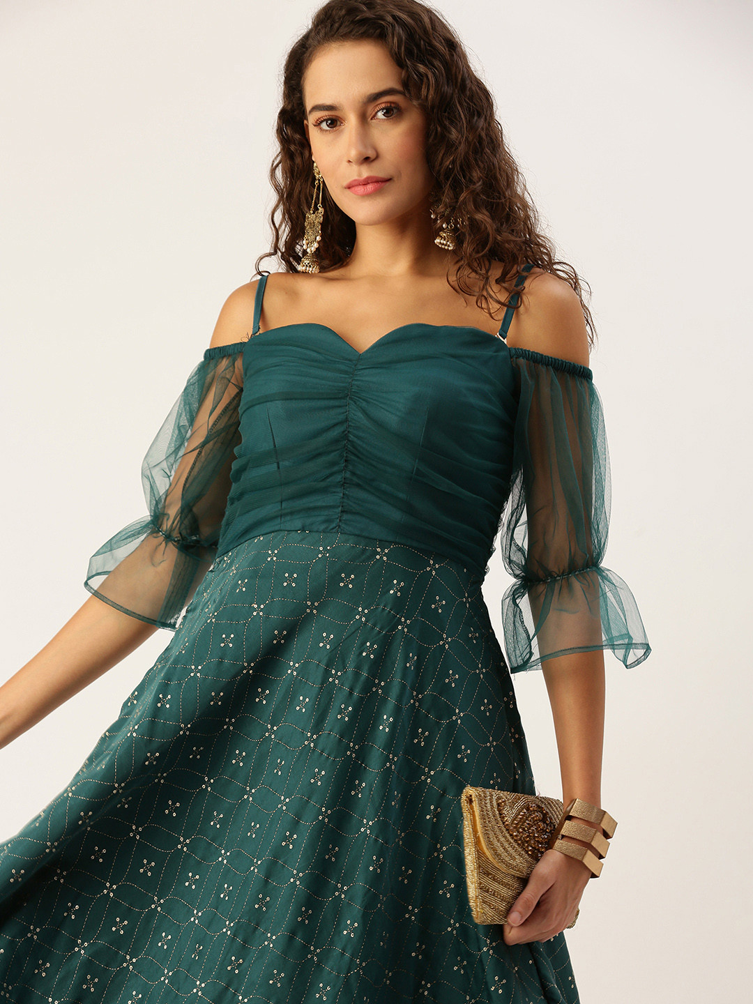 Ethnovog Ethnic Motifs Printed Ruched Detail Ethnic Maxi Dress
