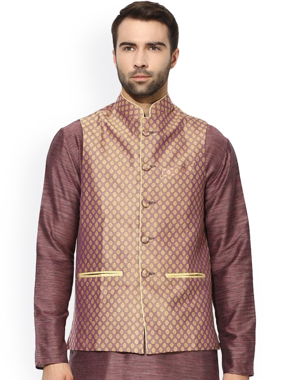 KISAH Men Mauve & Beige Patterned Nehru Jacket