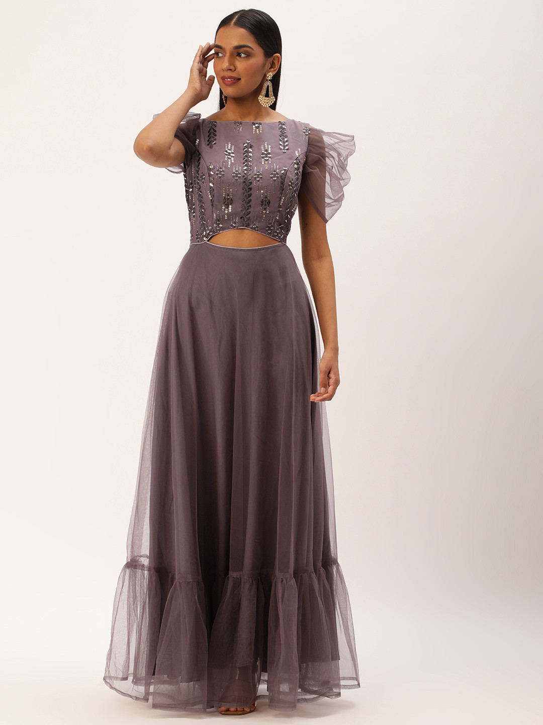 Ethnovog Ethnic Motifs Embellished Flutter Sleeve Gown