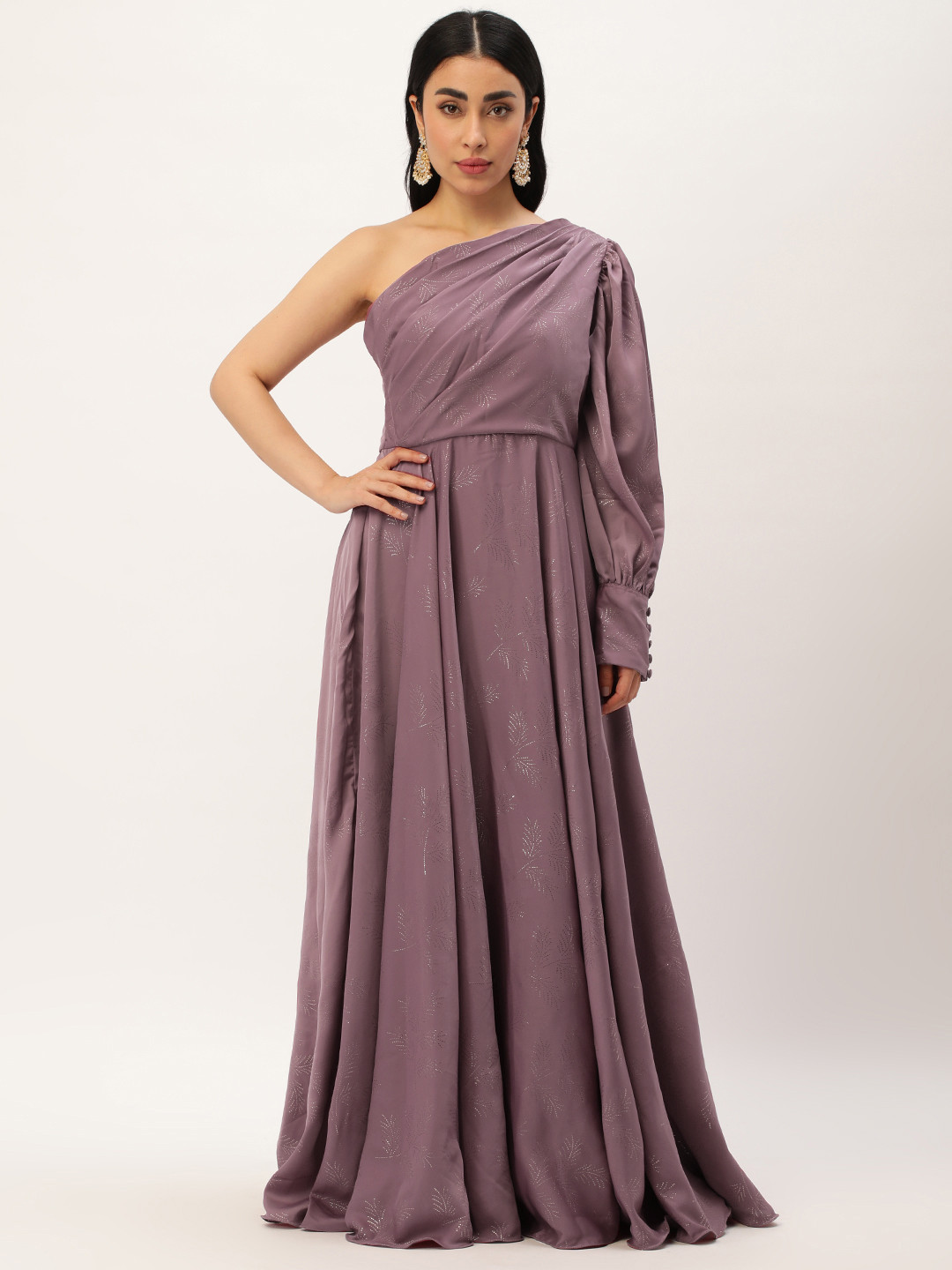 Ethnovog One Shoulder Puff Sleeve Maxi Dress