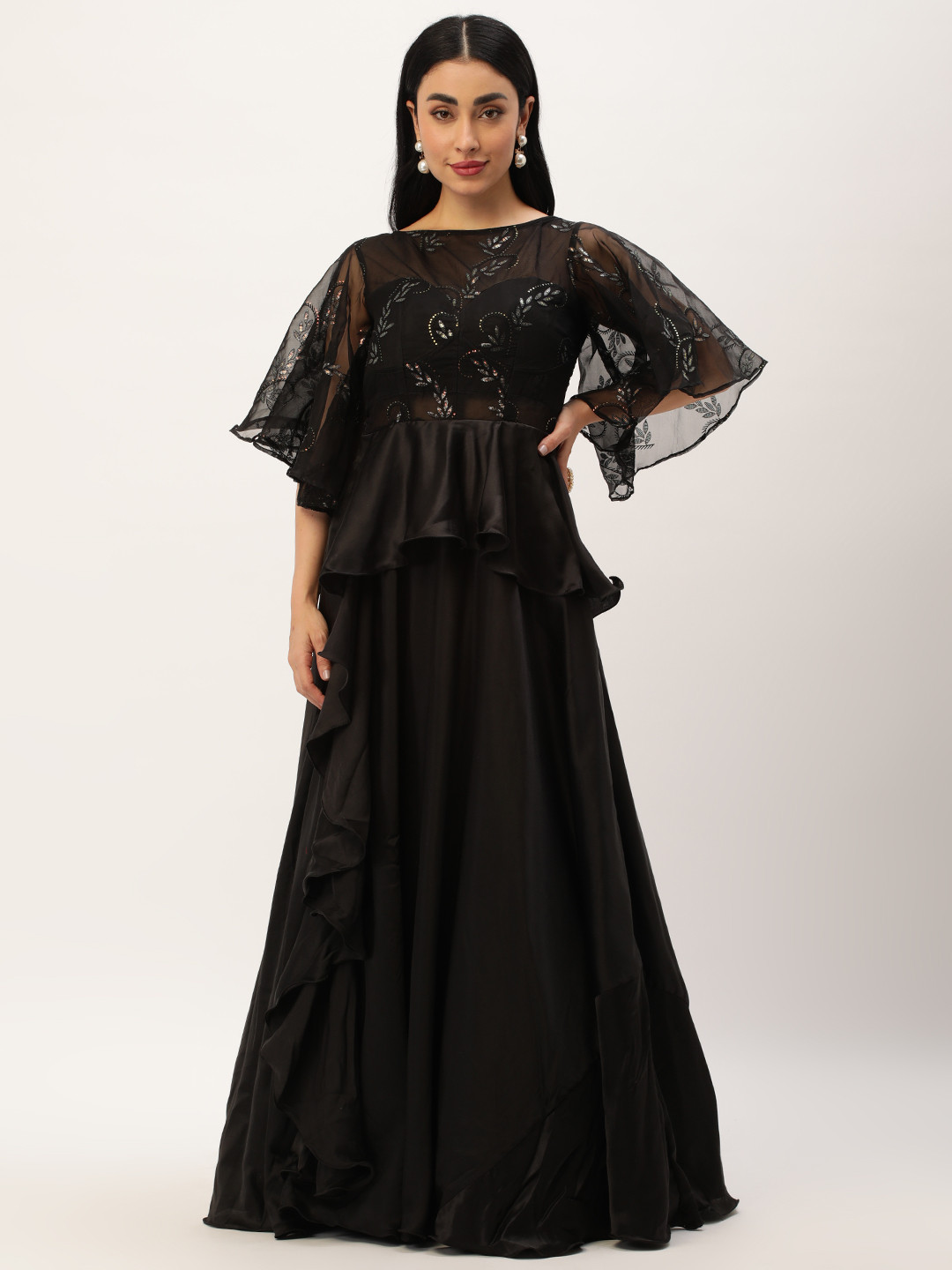 Ethnovog Floral Sequined Flared Sleeve Satin Maxi Gown with Inner