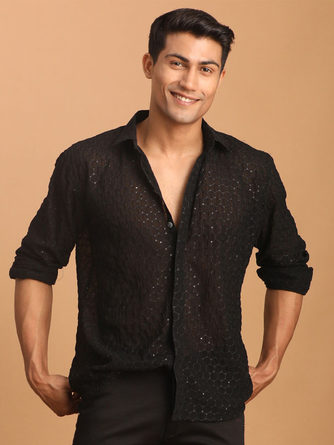 VASTRAMAY Sheer Sequin Embroidered Casual Shirt