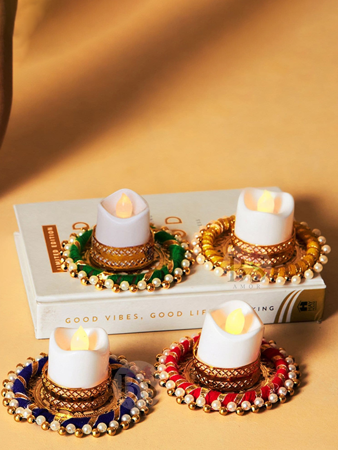 BS AMOR White & Gold Toned 4 Pieces Tealight Candle Holders