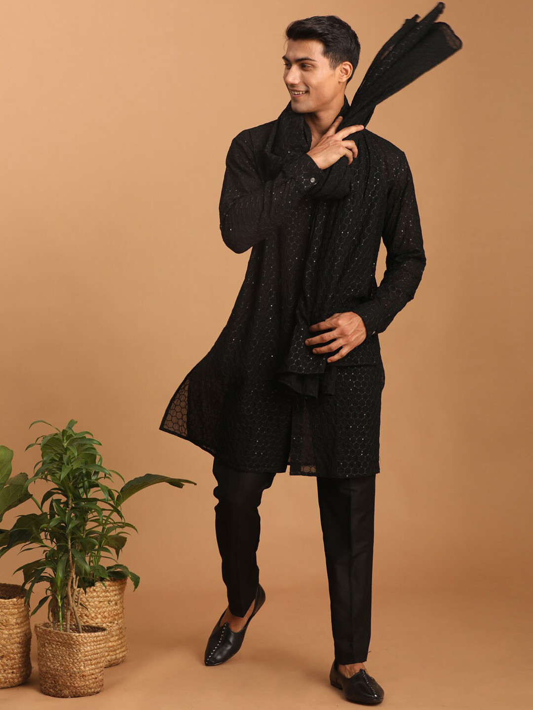 VASTRAMAY Men Georgette Sequence Semi Sheer Kurta With Pyjama & Dupatta Set