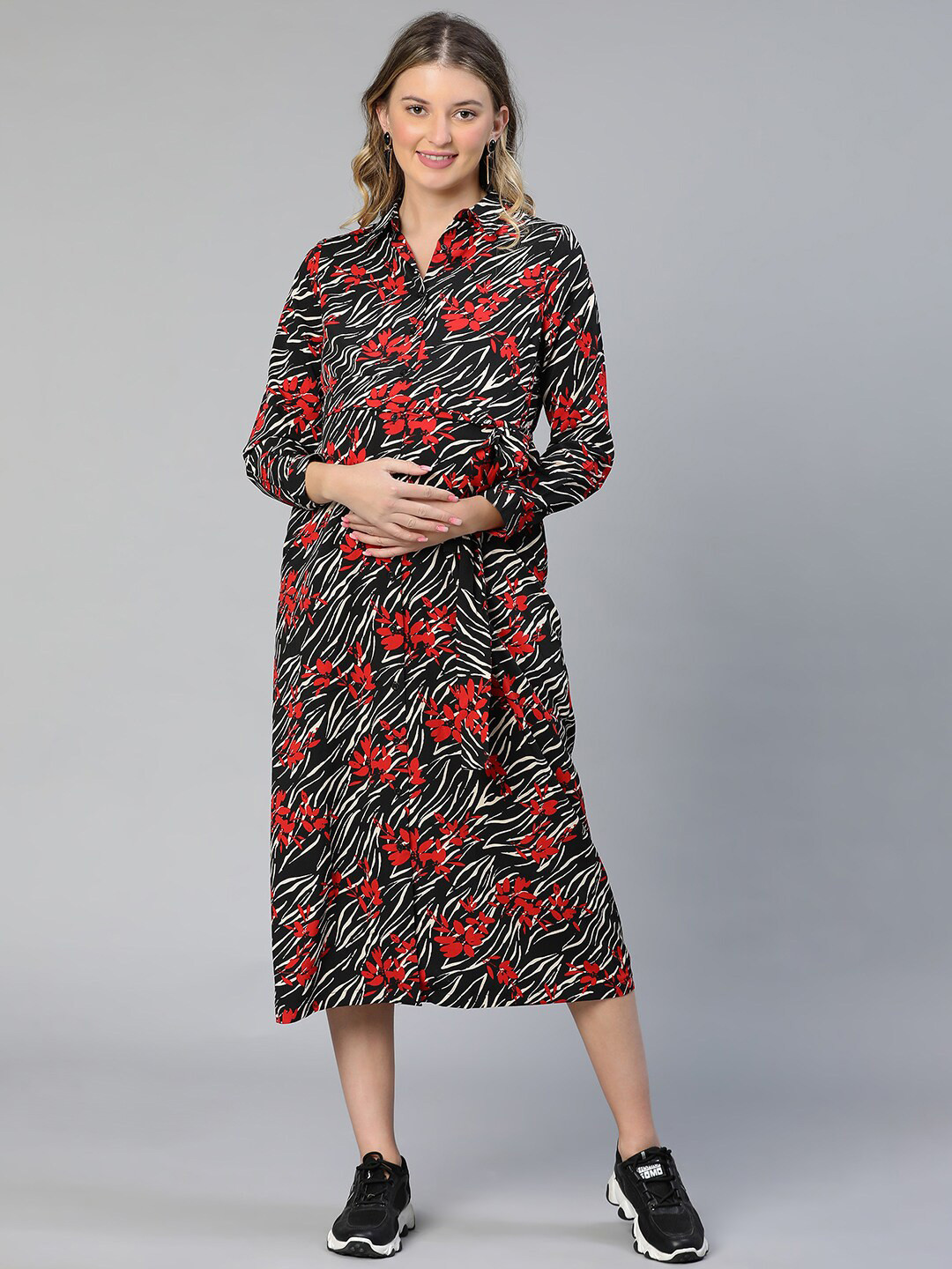 Oxolloxo Floral Print Collared Belted Maternity Dress