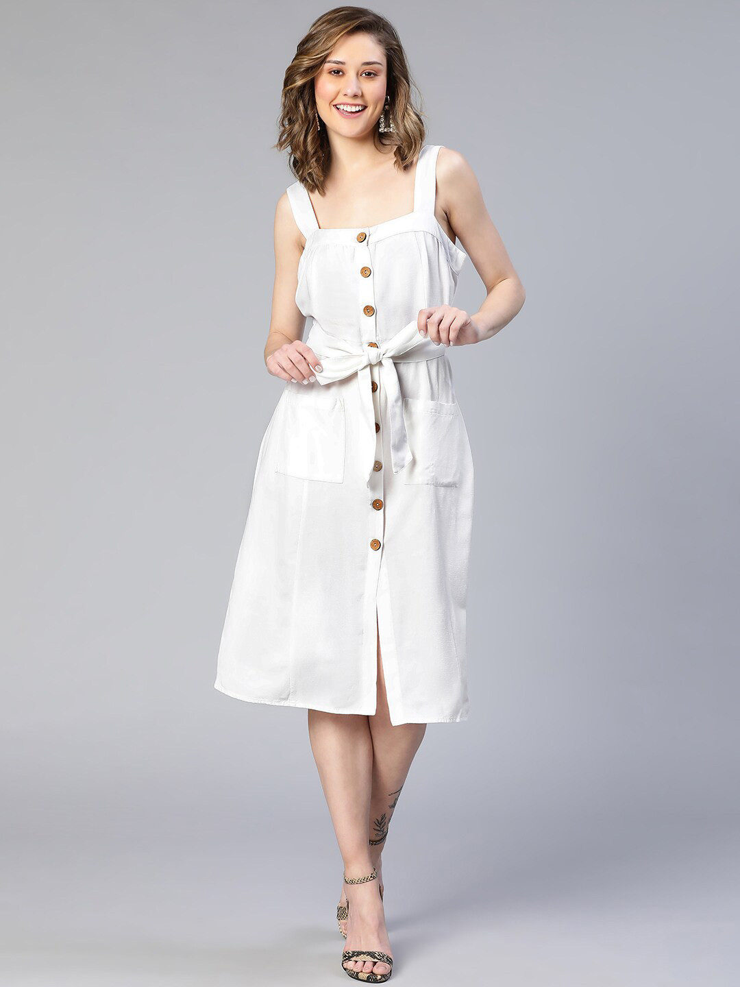 Oxolloxo Square Neck Linen Cotton Midi A-Line Dress with Belt