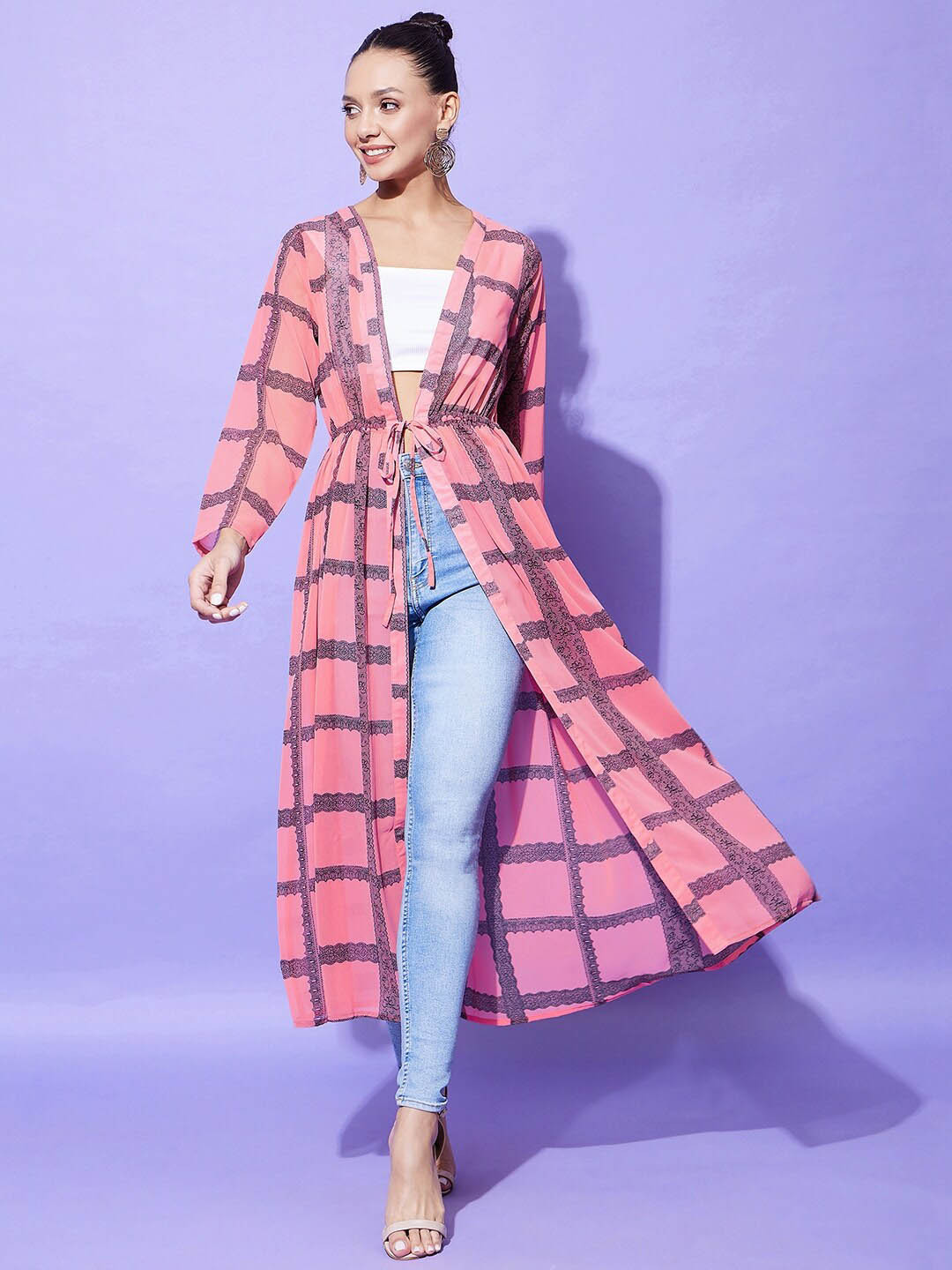 StyleStone Women Checked Longline Tie-Up Shrug