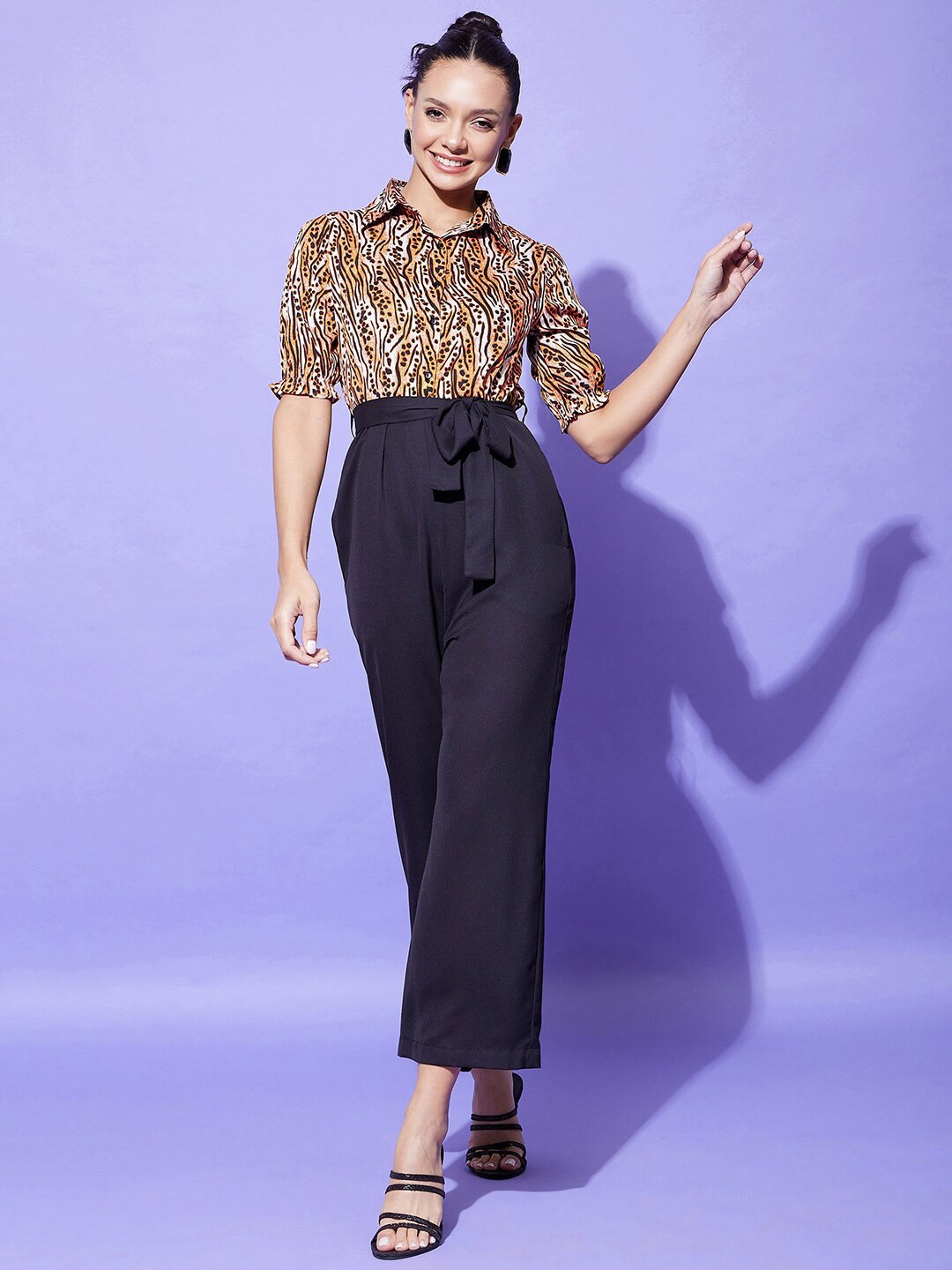 StyleStone Animal Printed Shirt Collar Culottes Jumpsuit