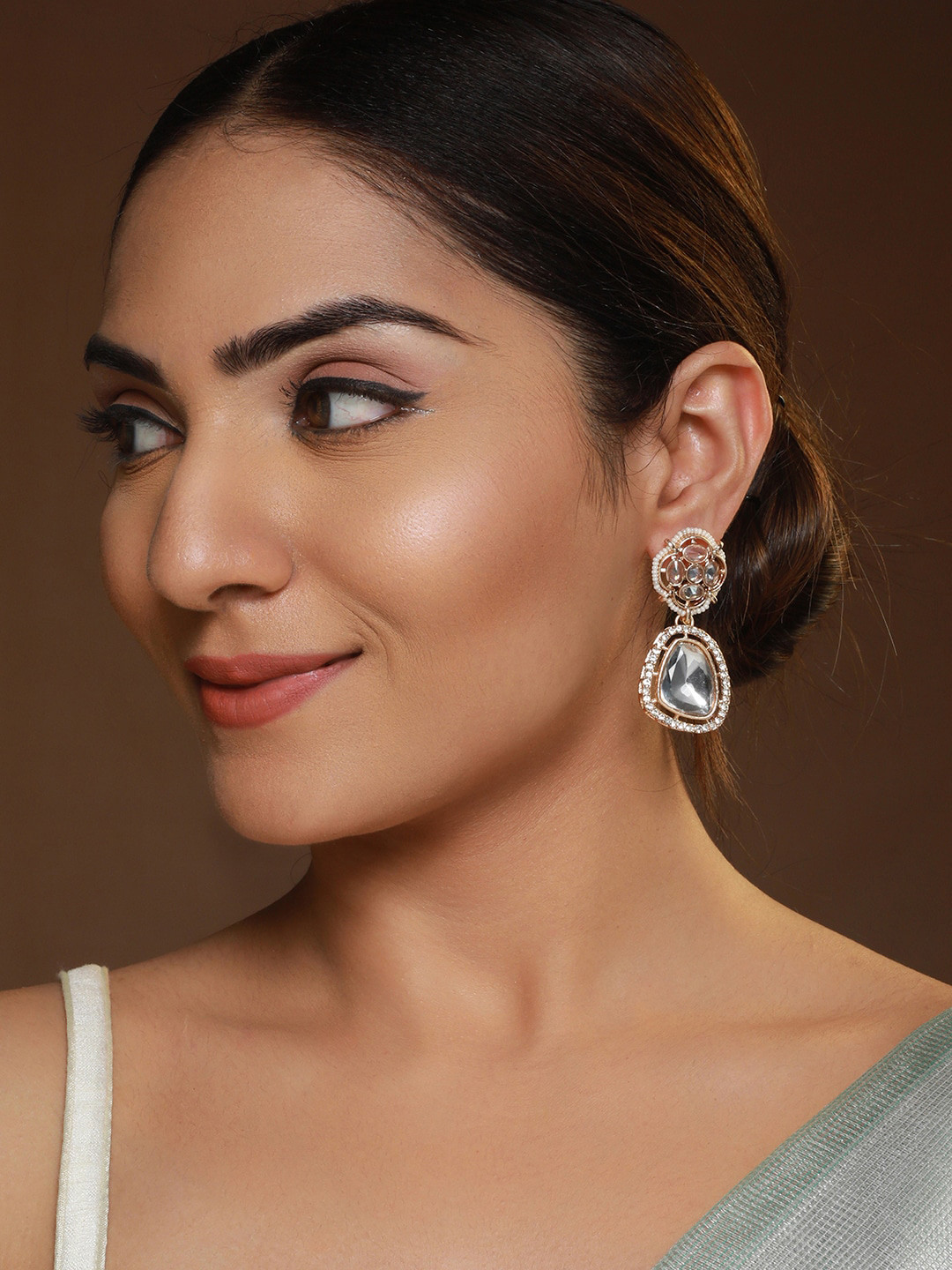 Priyaasi Rose Gold-Plated Contemporary AD Studded Drop Earrings