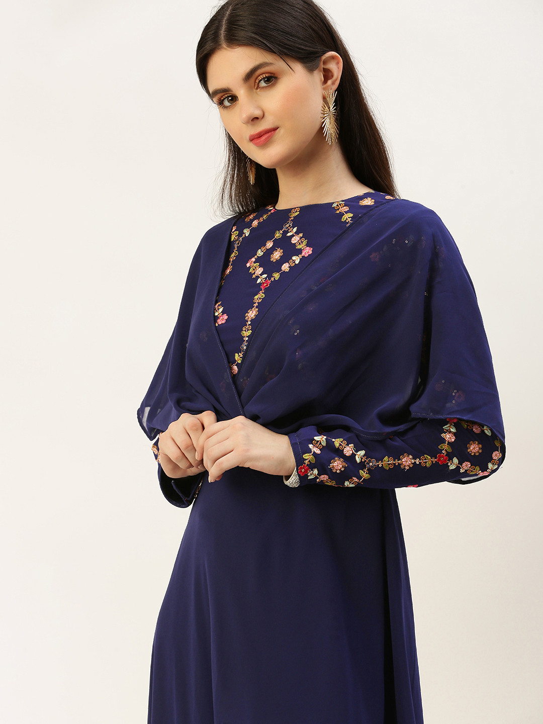 Ethnovog Floral Embroidered Sequined Gown Dress