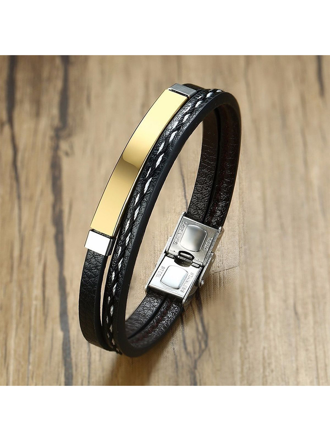 ZIVOM Men Leather Gold-Plated Cuff Bracelet
