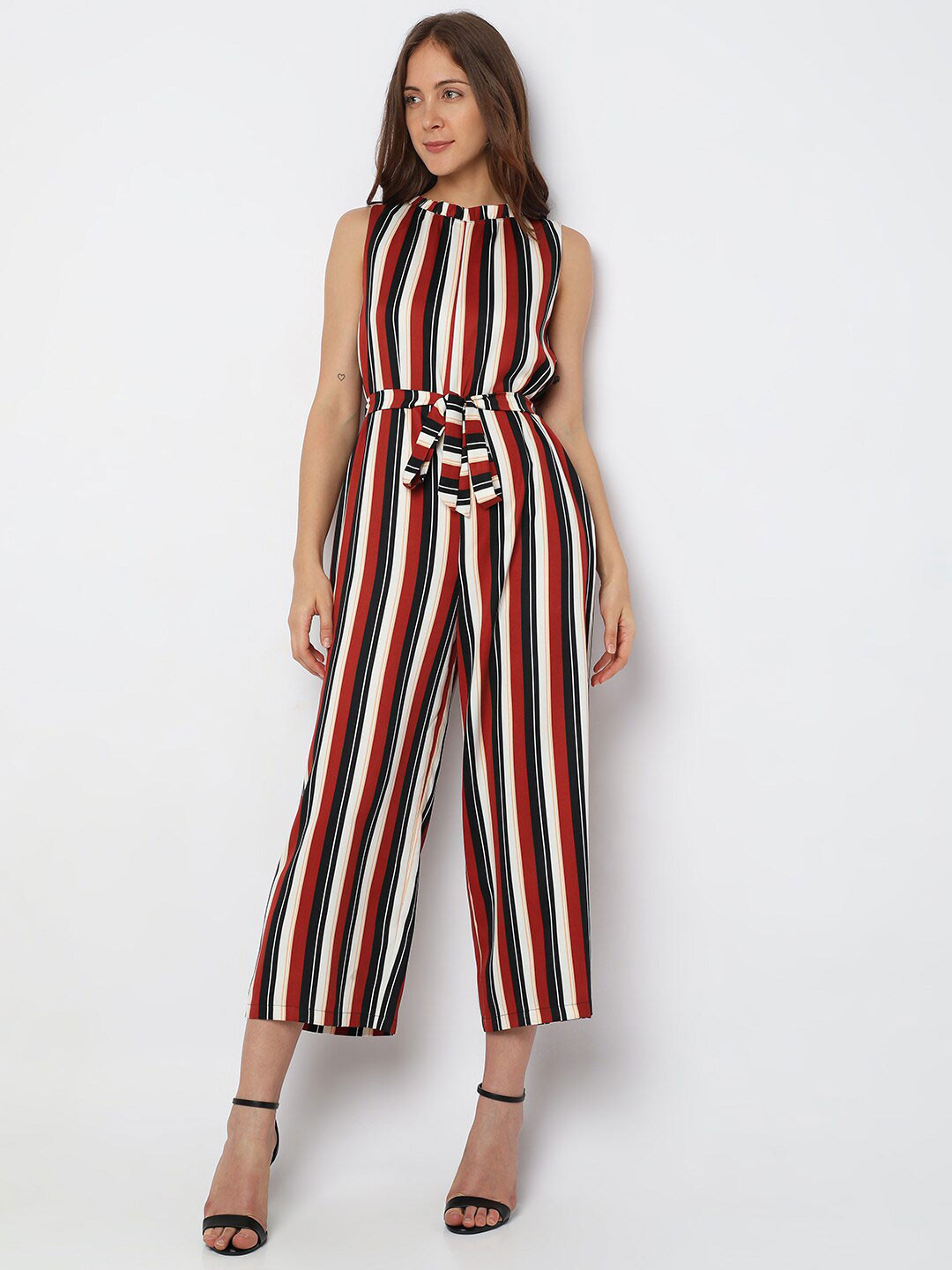 Vero Moda Striped High Neck Basic Jumpsuit With Waist Tie-Ups