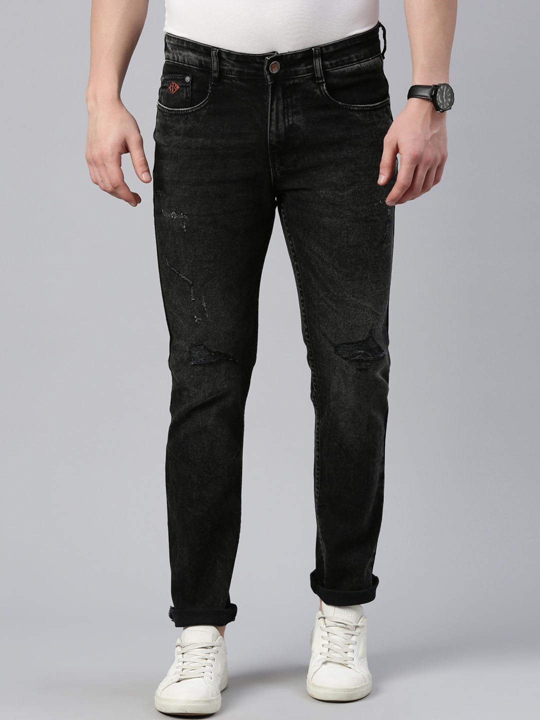CINOCCI Men Slim Fit Mildly Distressed Light Fade Stretchable Cotton Jeans