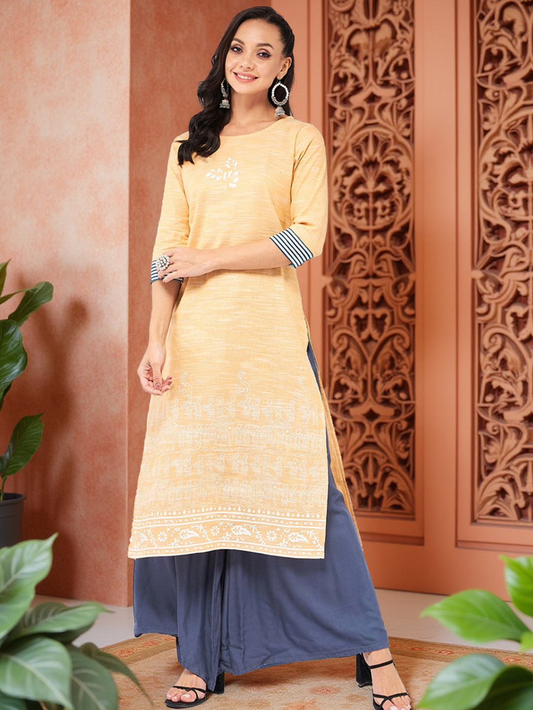 Pannkh Madhubani Block Printed Chambray Pure Cotton Kurta