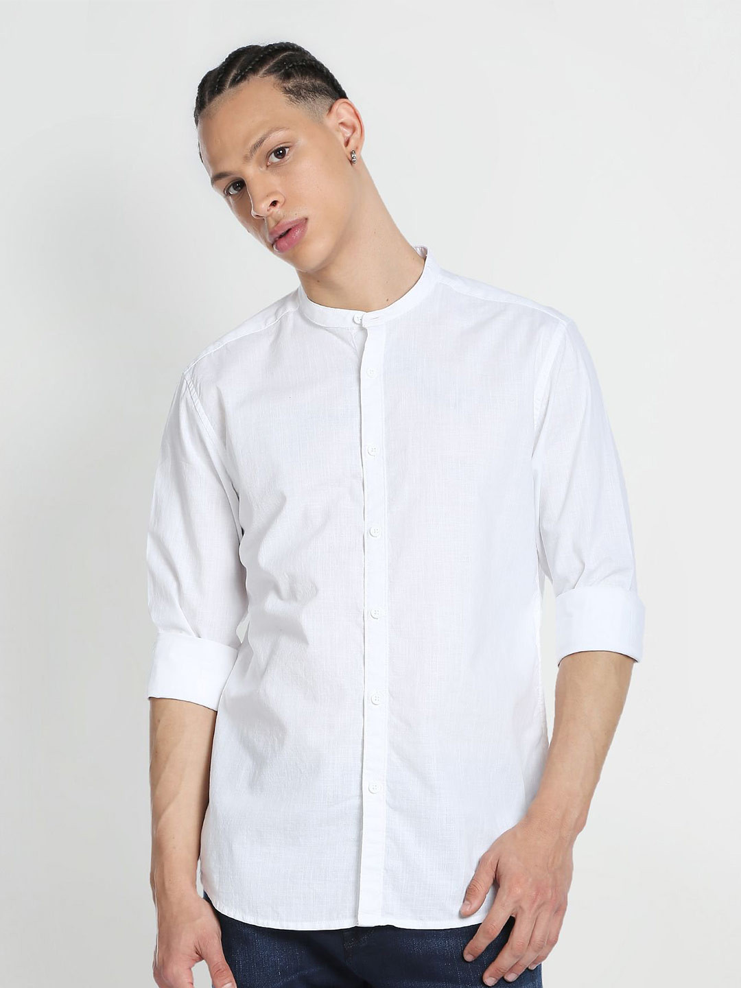 Flying Machine Long Sleeves Mandarin Collar Pure Cotton Casual Shirt