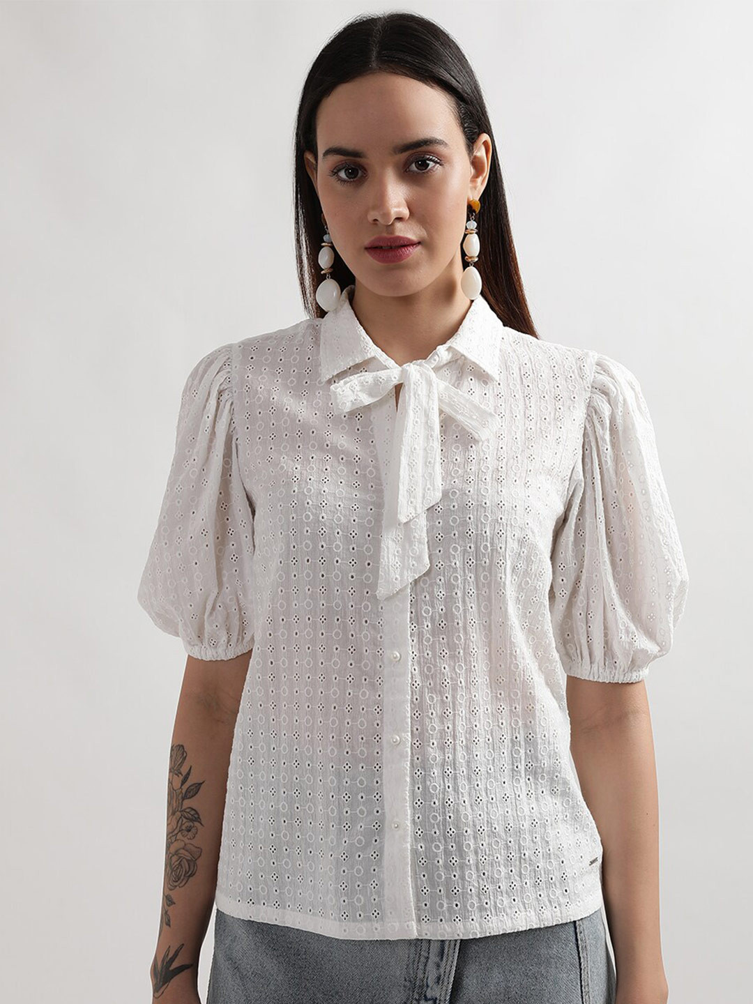 ELLE Tie-Up Neck Cotton Shirt Style Top