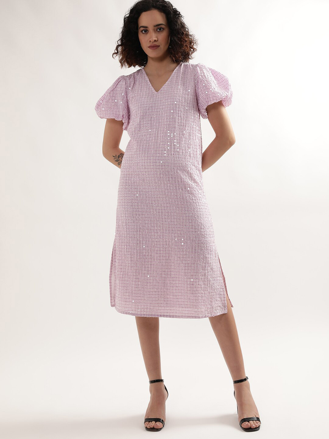 ELLE V-Neck Striped Puff Sleeve A-Line Dress