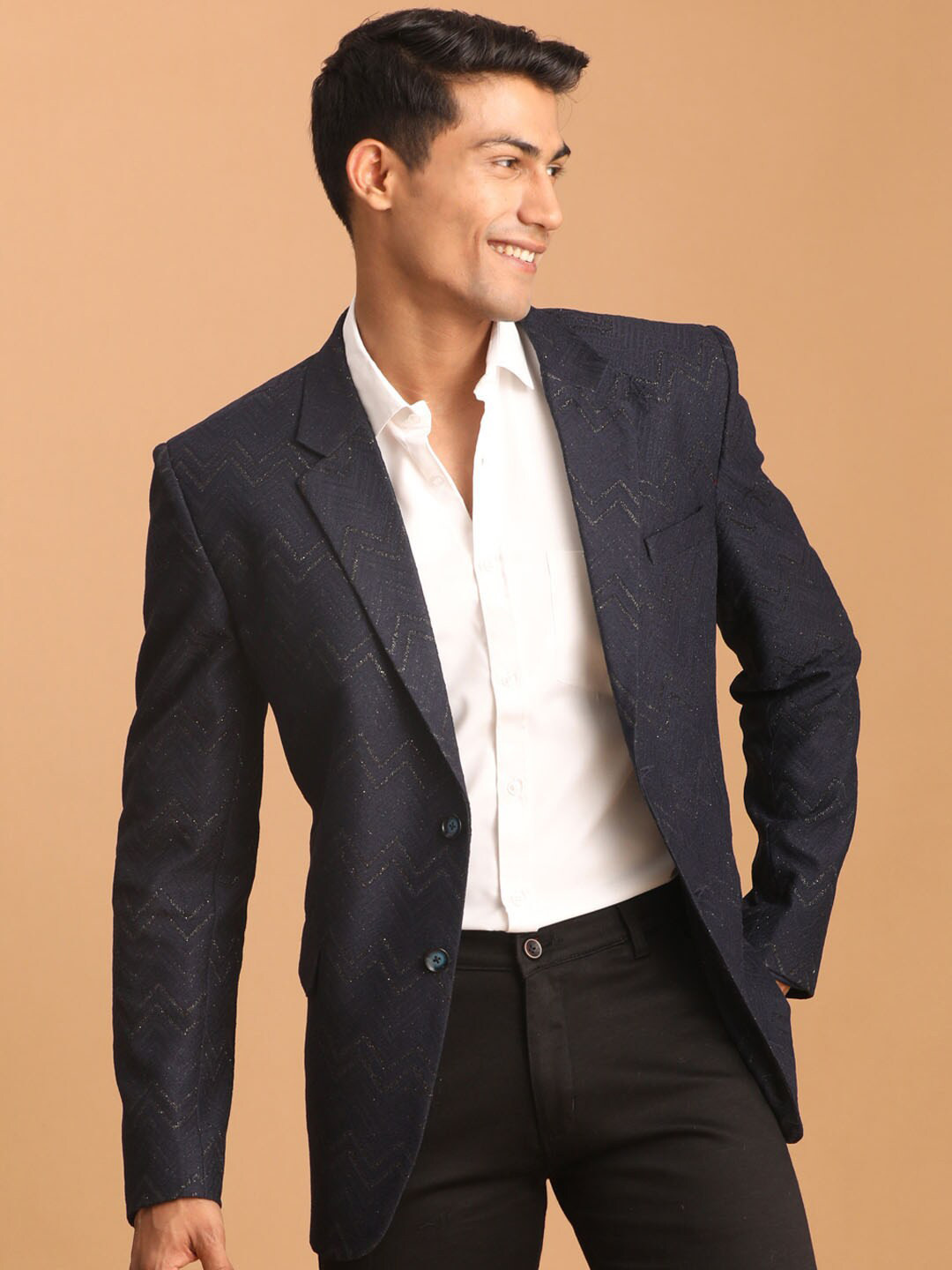 VASTRAMAY Men Glitter Chevron Self Design Silk Blend Single-Breasted Blazer