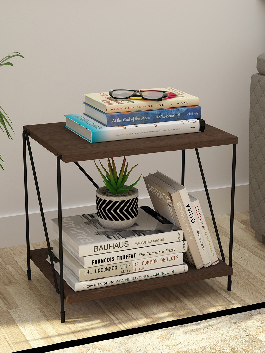 Story@home  Brown Textured Wooden 2-Shelves String Table Rack