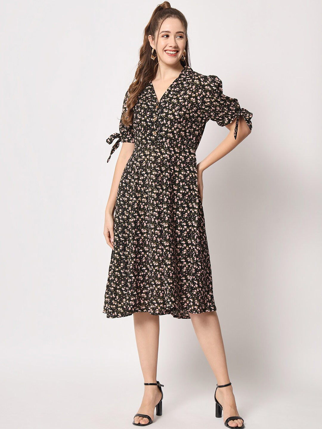 D 'VESH Floral Print Bell Sleeve Georgette Fit & Flare Midi Dress