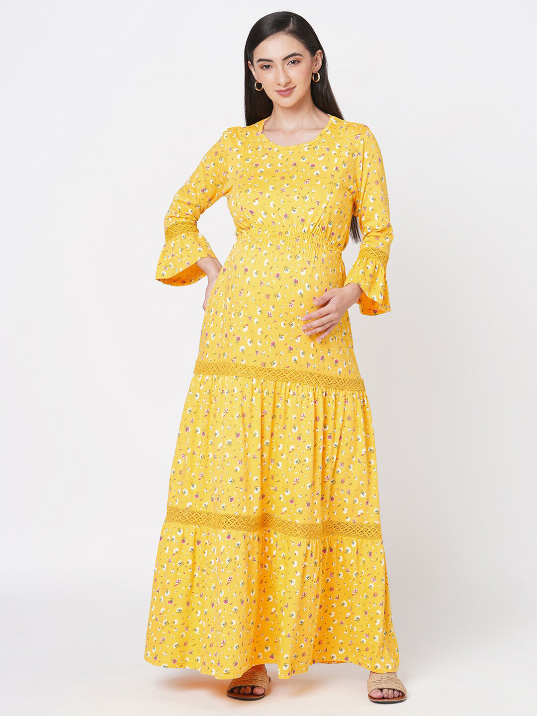 Inner Sense Floral Printed Bell Sleeves Organic Cotton Maternity Fit & Flare Maxi Dress