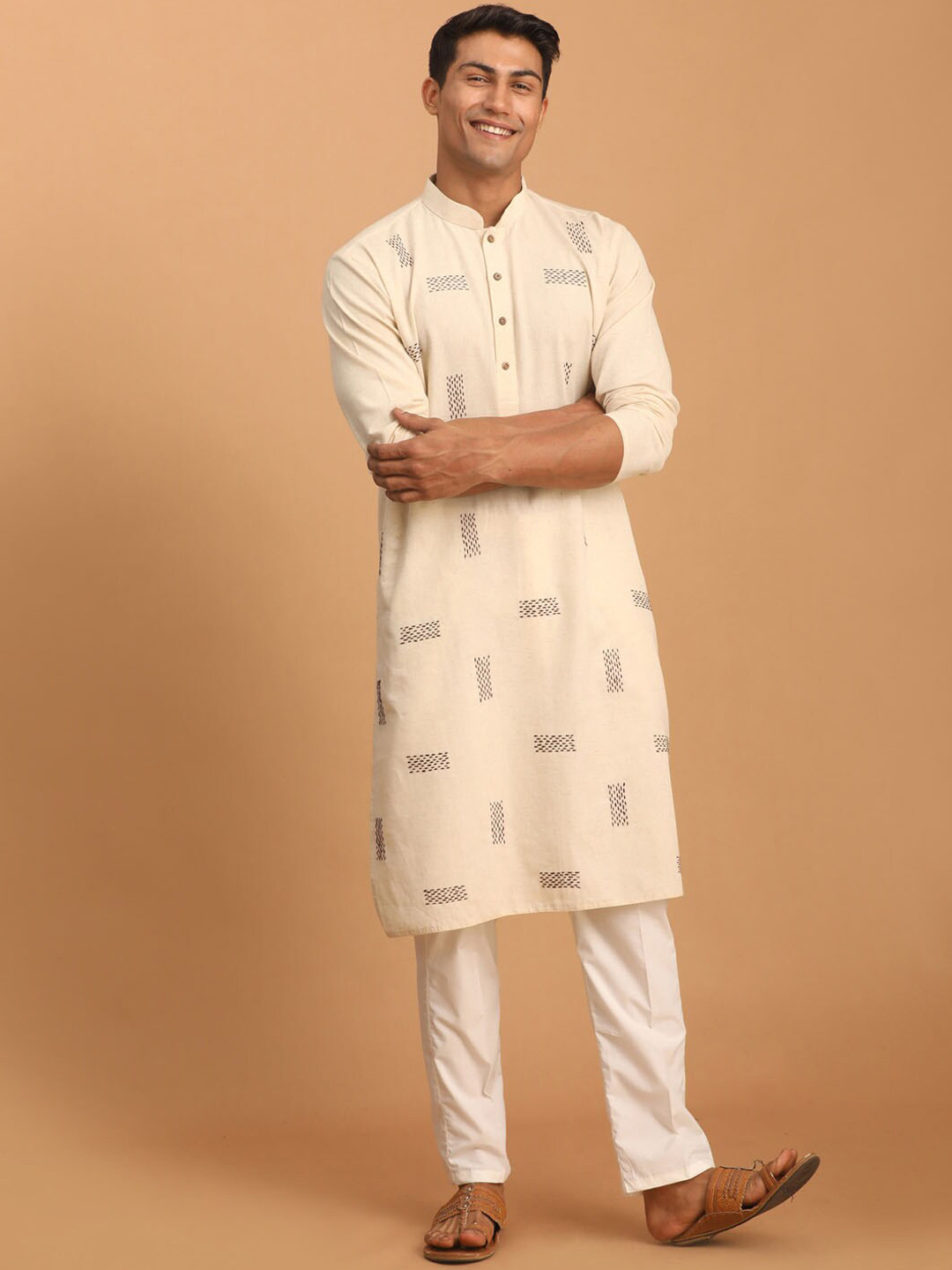 VASTRAMAY Geometric Embroidered Kantha Work Pure Cotton Sustainable Kurta With Pyjamas