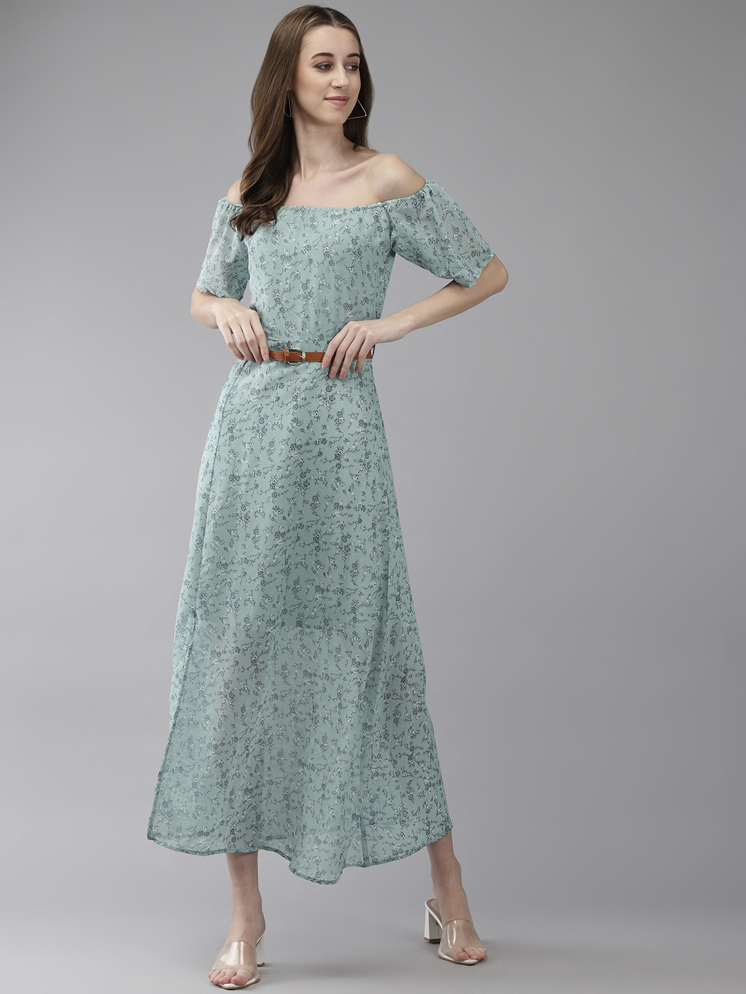 Aarika Floral Print Off-Shoulder Georgette Maxi Dress