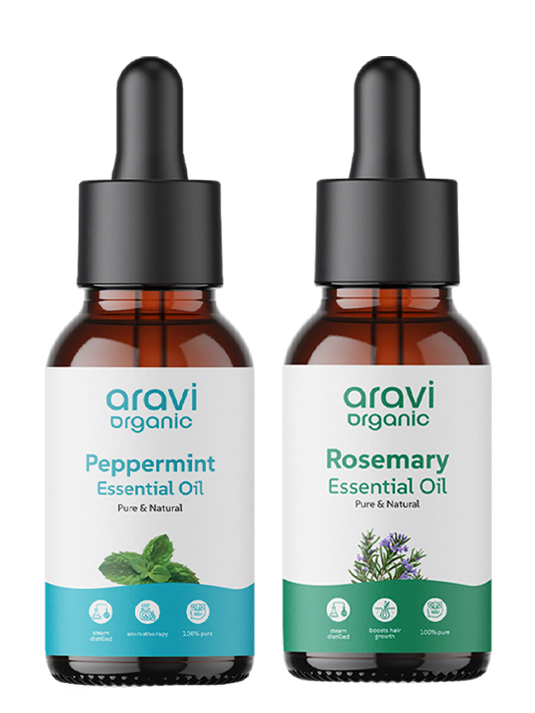 Aravi Organic Set of 100% Pure Rosemary & Peppermint Essential Oil for Hair Growth & Skin