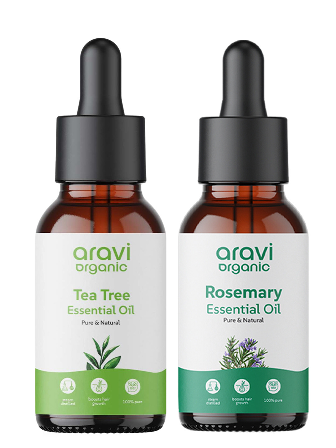 Aravi Organic Set of 100% Pure Rosemary & Tea Tree Essential Oil for Hair & Acne Care