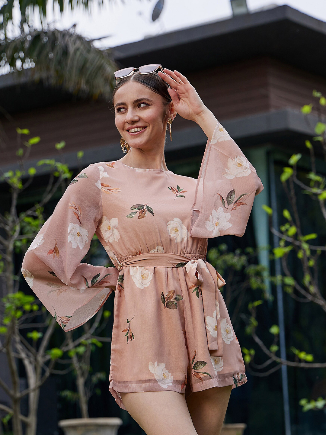 SASSAFRAS Floral Printed Boat Neck Long Sleeves Playsuit with Belt