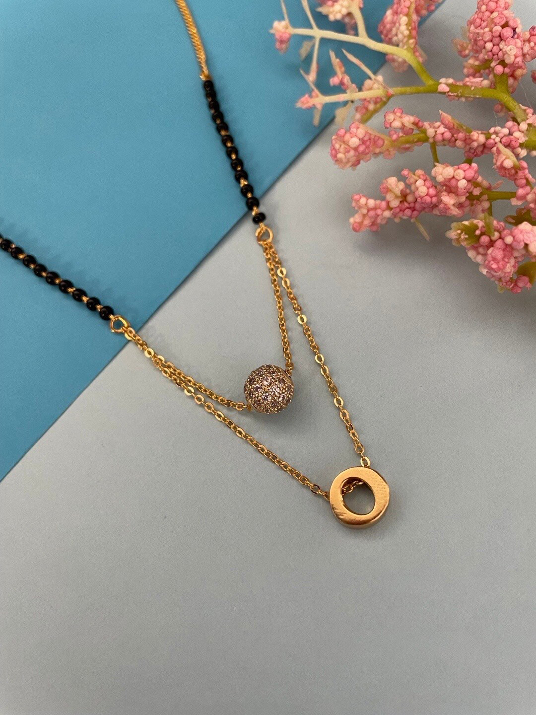 Digital Dress Room Gold-Plated O Letter Shape AD Stone-Studded Ball & Beaded Mangalsutra