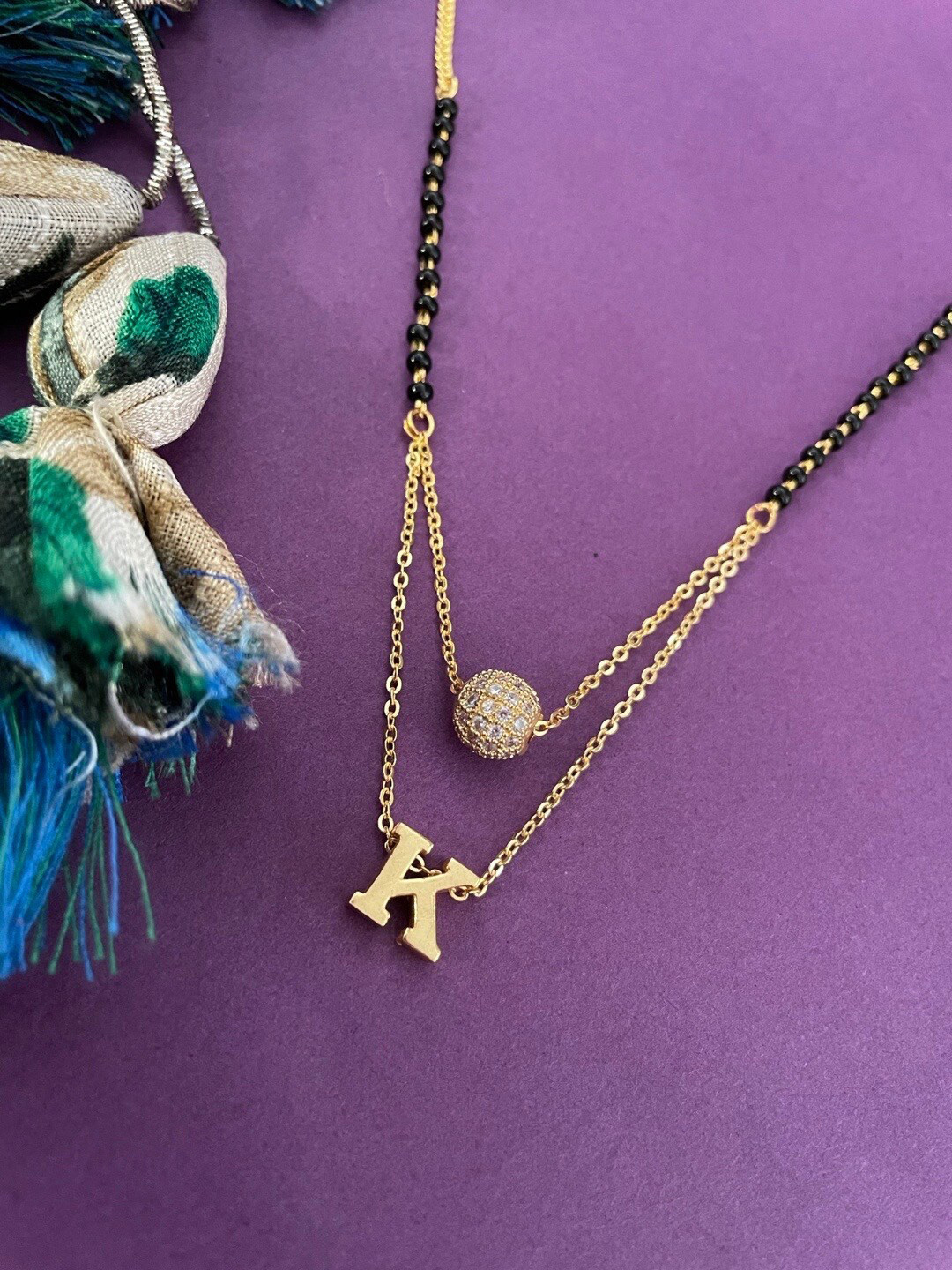 Digital Dress Room Gold-Plated K Letter Shape AD Stone-Studded & Beaded Mangalsutra