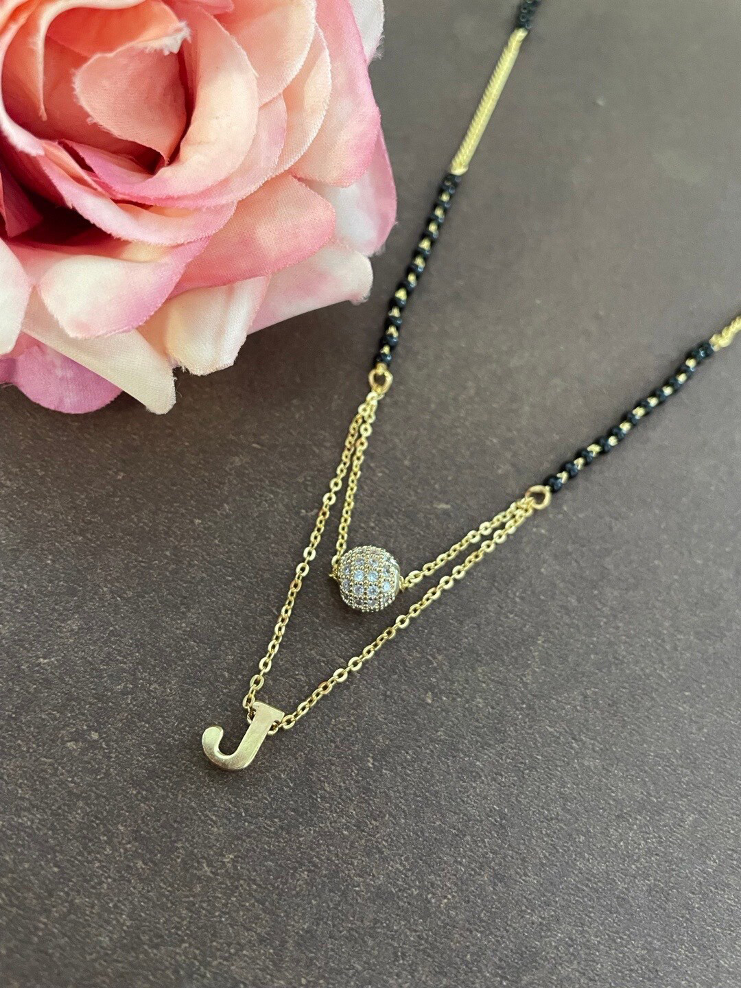 Digital Dress Room Gold-Plated J Letter American Diamond-Studded & Beaded Mangalsutra