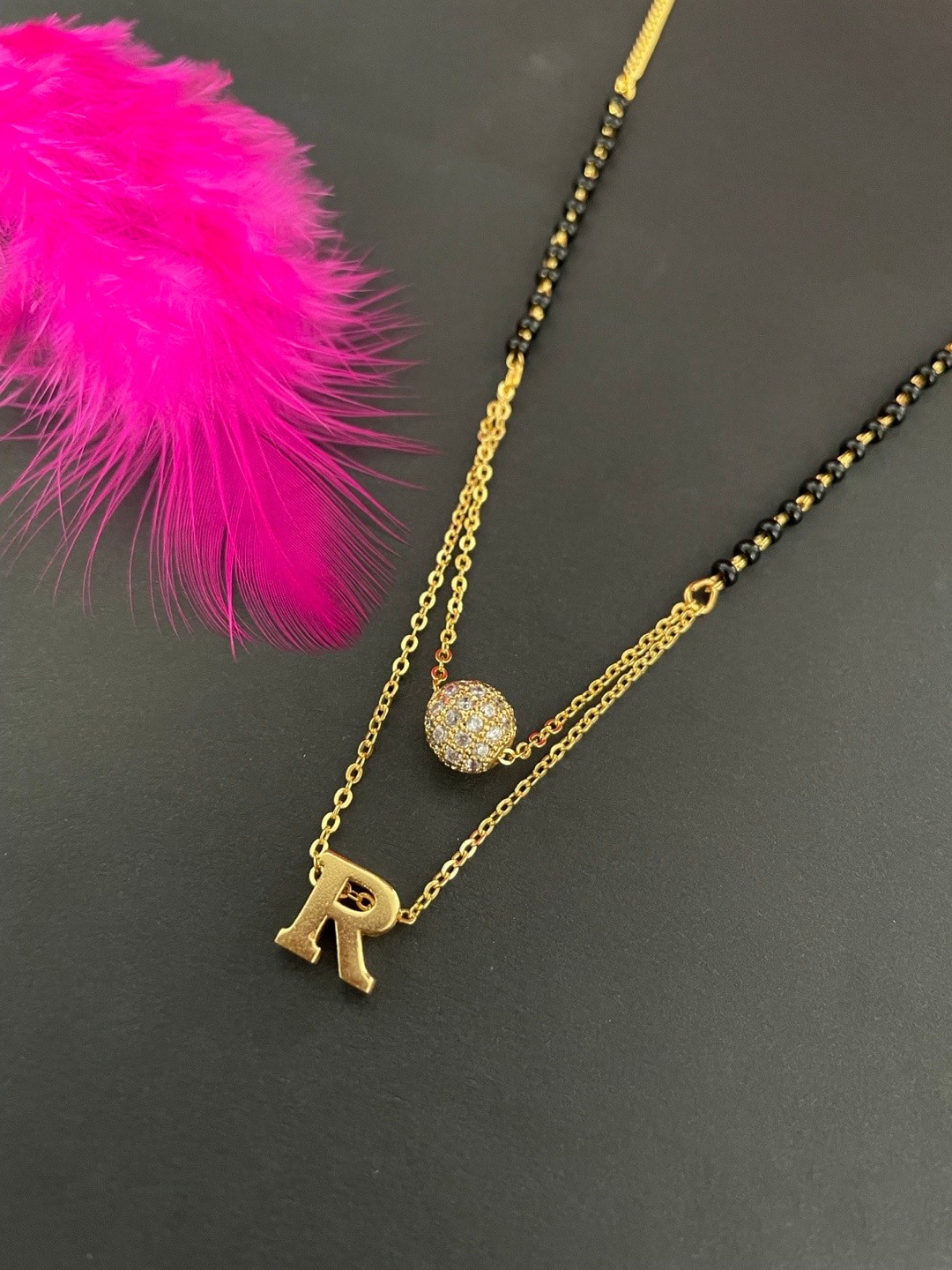 Digital Dress Room Gold-Plated Beaded AD Studded R Letter Pendant Mangalsutra