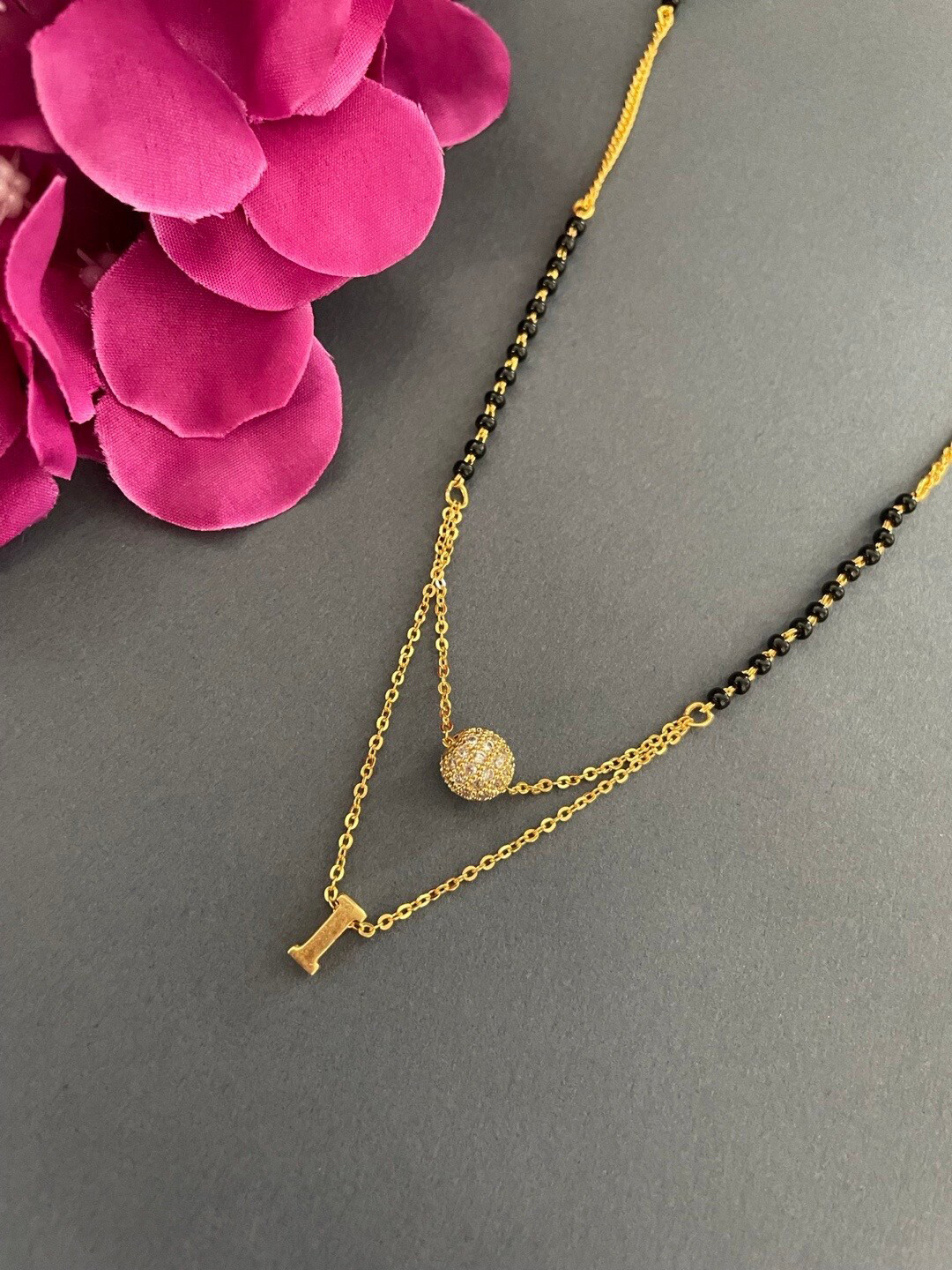 Digital Dress Room Gold-Plated I Letter Shape AD Stone-Studded Ball & Beaded Mangalsutra