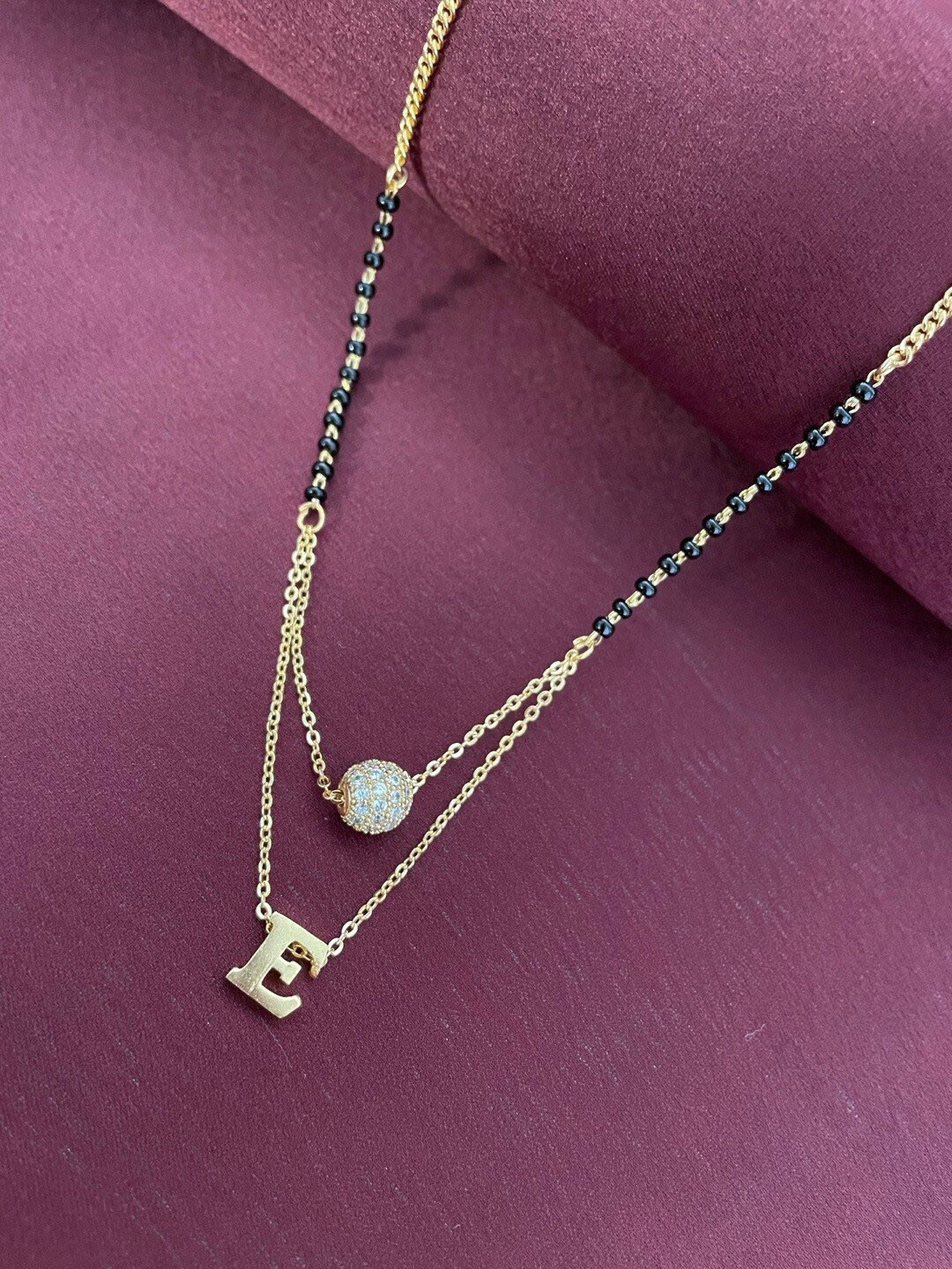 Digital Dress Room Gold-Plated Beaded AD Studded E Letter Pendant Mangalsutra